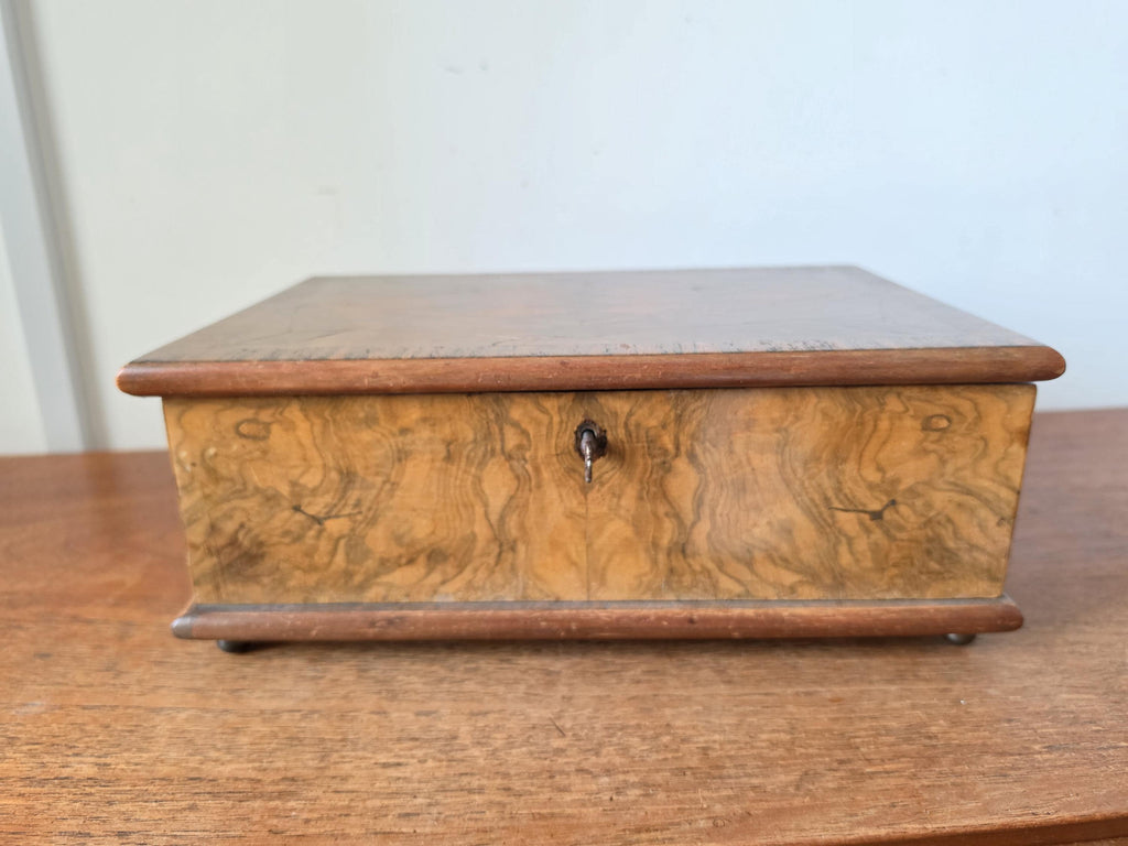 Antique Walnut Marquetry Jewelry Box with Key, Burl Wood Keepsake Box, Red Velvet Lined Locking Treasure Chest, Desk Box