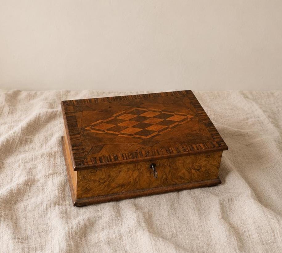 Antique Walnut Marquetry Jewelry Box with Key