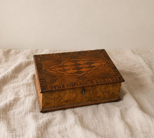 Antique Walnut Marquetry Jewelry Box with Key