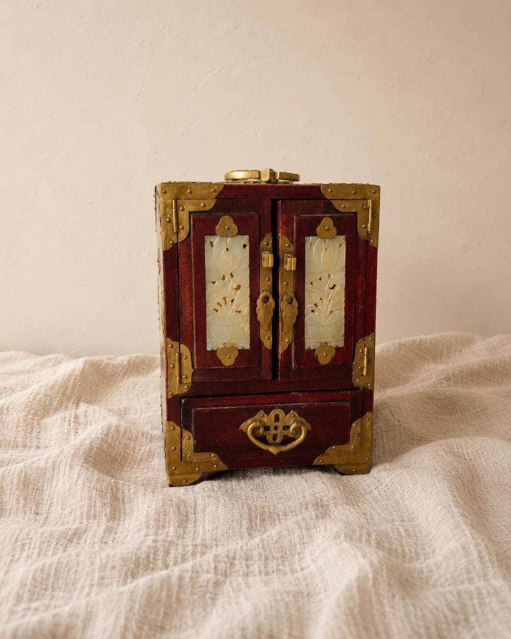 Vintage Chinese Jewelry Cabinet Wooden Keepsake Box Jade Panels Brass Mounted Miniature Apothecary Chest Asian Decor Locking