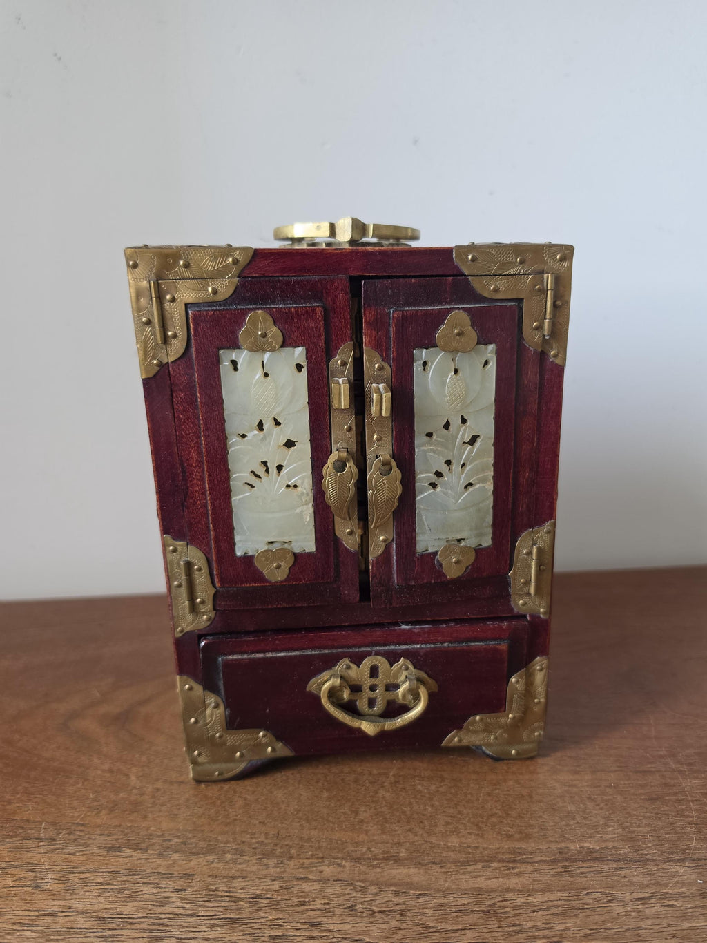 Vintage Chinese Jewelry Cabinet Wooden Keepsake Box Jade Panels Brass Mounted Miniature Apothecary Chest Asian Decor Locking Box
