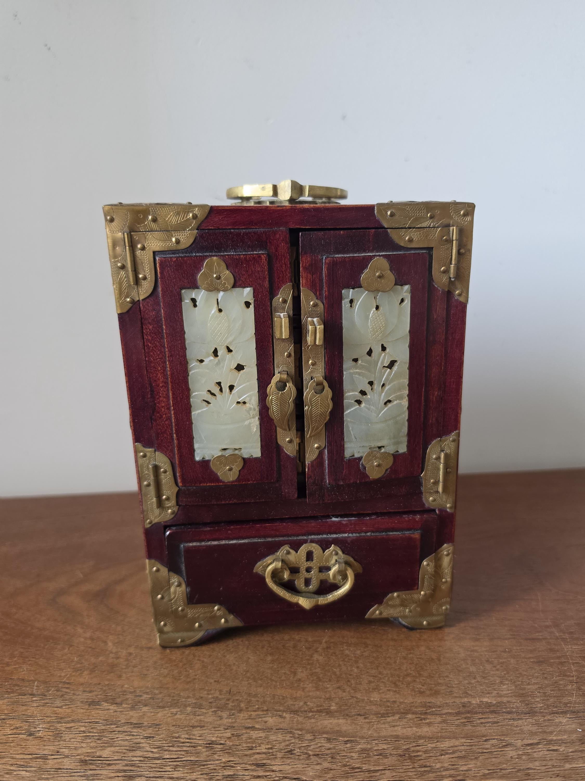 Vintage Chinese Jewelry Cabinet Wooden Keepsake Box Jade Panels Brass Mounted Miniature Apothecary Chest Asian Decor Locking Box