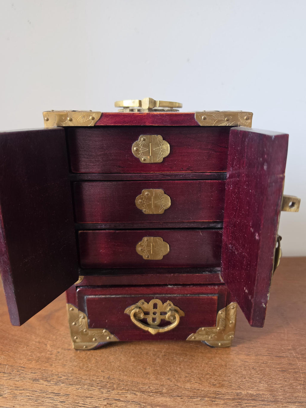 Vintage Chinese Jewelry Cabinet Wooden Keepsake Box Jade Panels Brass Mounted Miniature Apothecary Chest Asian Decor Locking Box