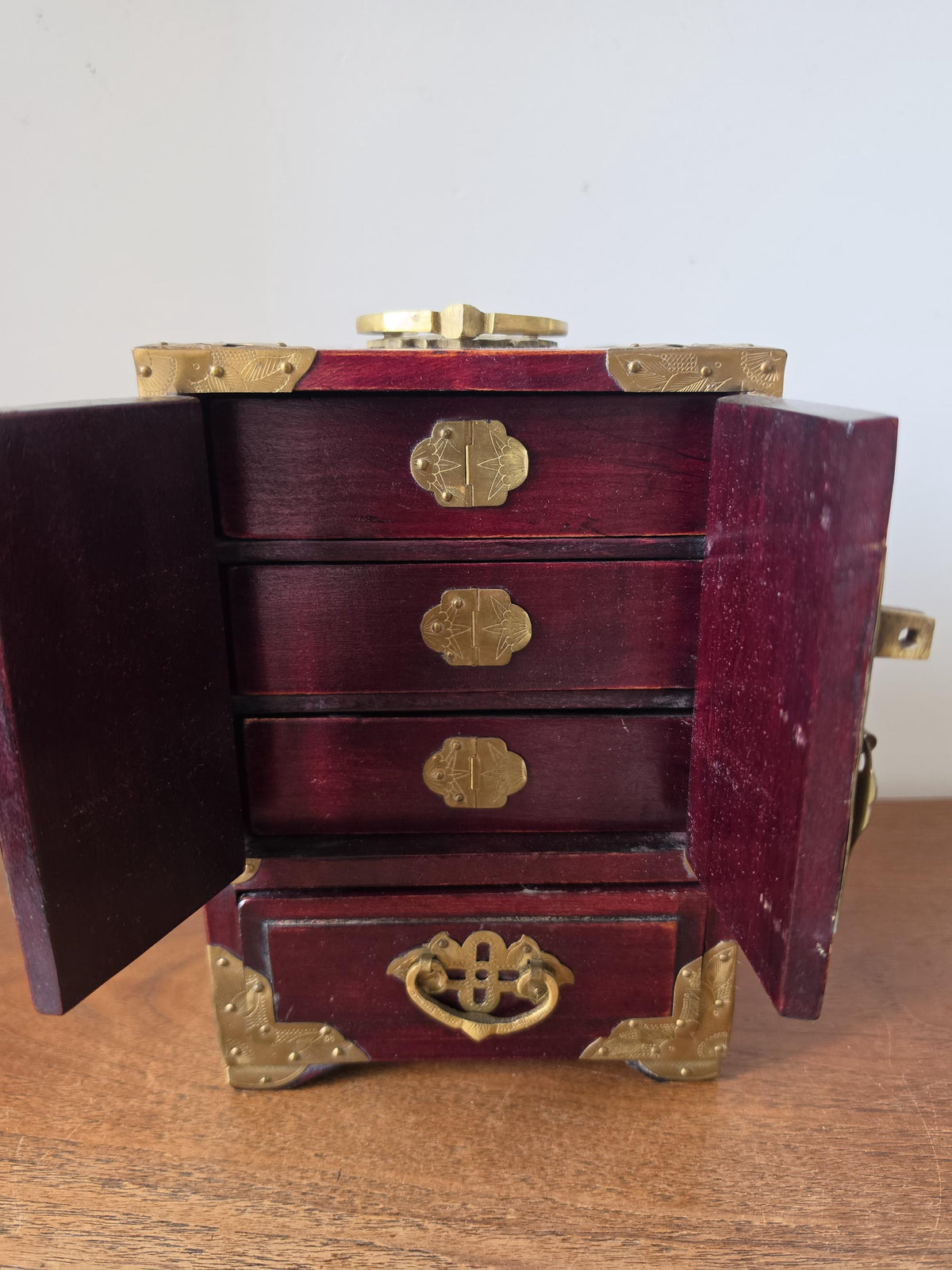 Vintage Chinese Jewelry Cabinet Wooden Keepsake Box Jade Panels Brass Mounted Miniature Apothecary Chest Asian Decor Locking Box