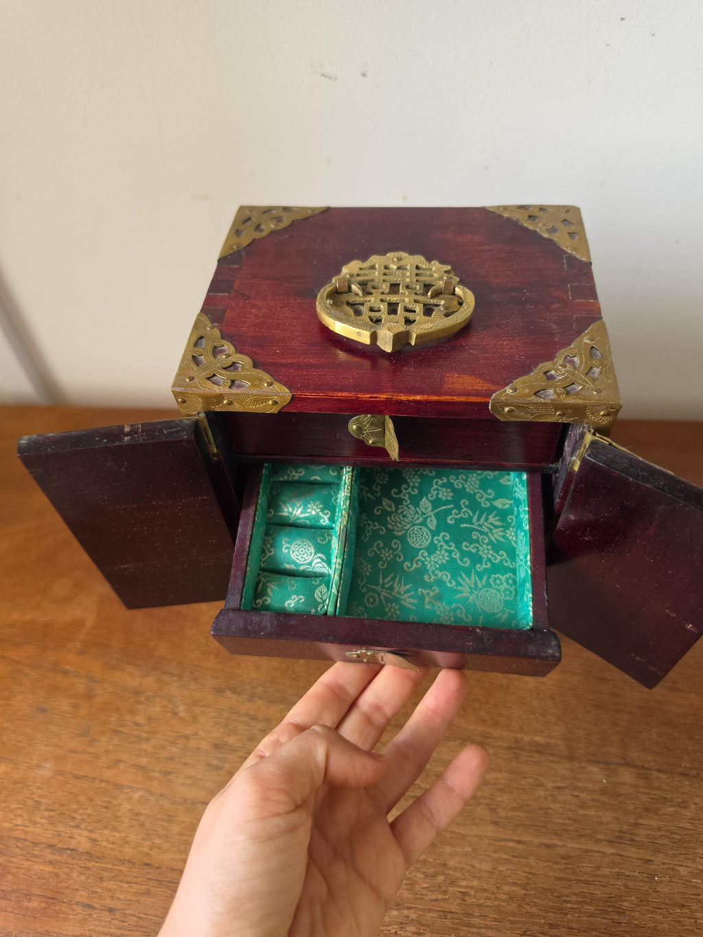 Vintage Chinese Jewelry Cabinet Wooden Keepsake Box Jade Panels Brass Mounted Miniature Apothecary Chest Asian Decor Locking Box