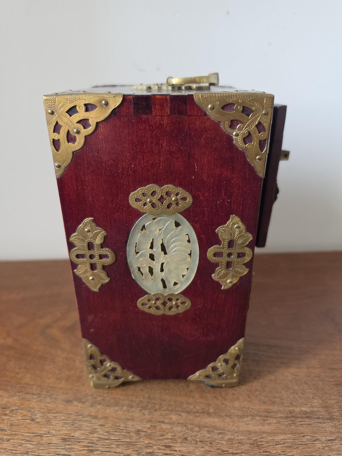 Vintage Chinese Jewelry Cabinet Wooden Keepsake Box Jade Panels Brass Mounted Miniature Apothecary Chest Asian Decor Locking Box