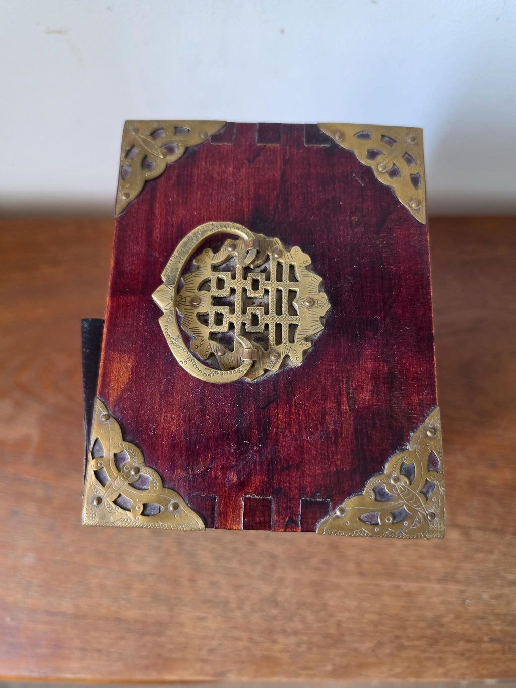 Vintage Chinese Jewelry Cabinet Wooden Keepsake Box Jade Panels Brass Mounted Miniature Apothecary Chest Asian Decor Locking Box