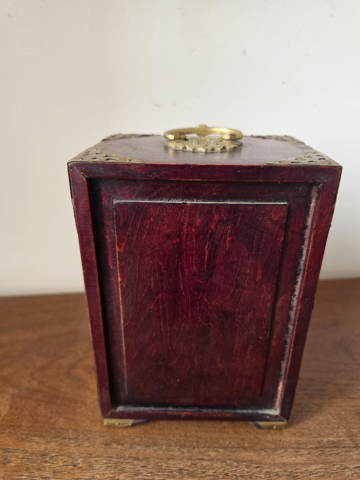 Vintage Chinese Jewelry Cabinet Wooden Keepsake Box Jade Panels Brass Mounted Miniature Apothecary Chest Asian Decor Locking Box