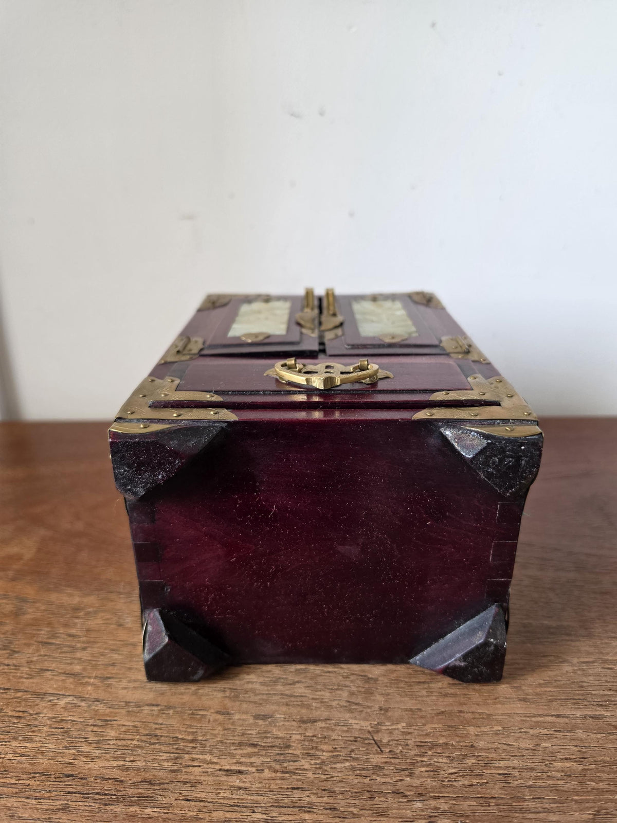 Vintage Chinese Jewelry Cabinet Wooden Keepsake Box Jade Panels Brass Mounted Miniature Apothecary Chest Asian Decor Locking Box
