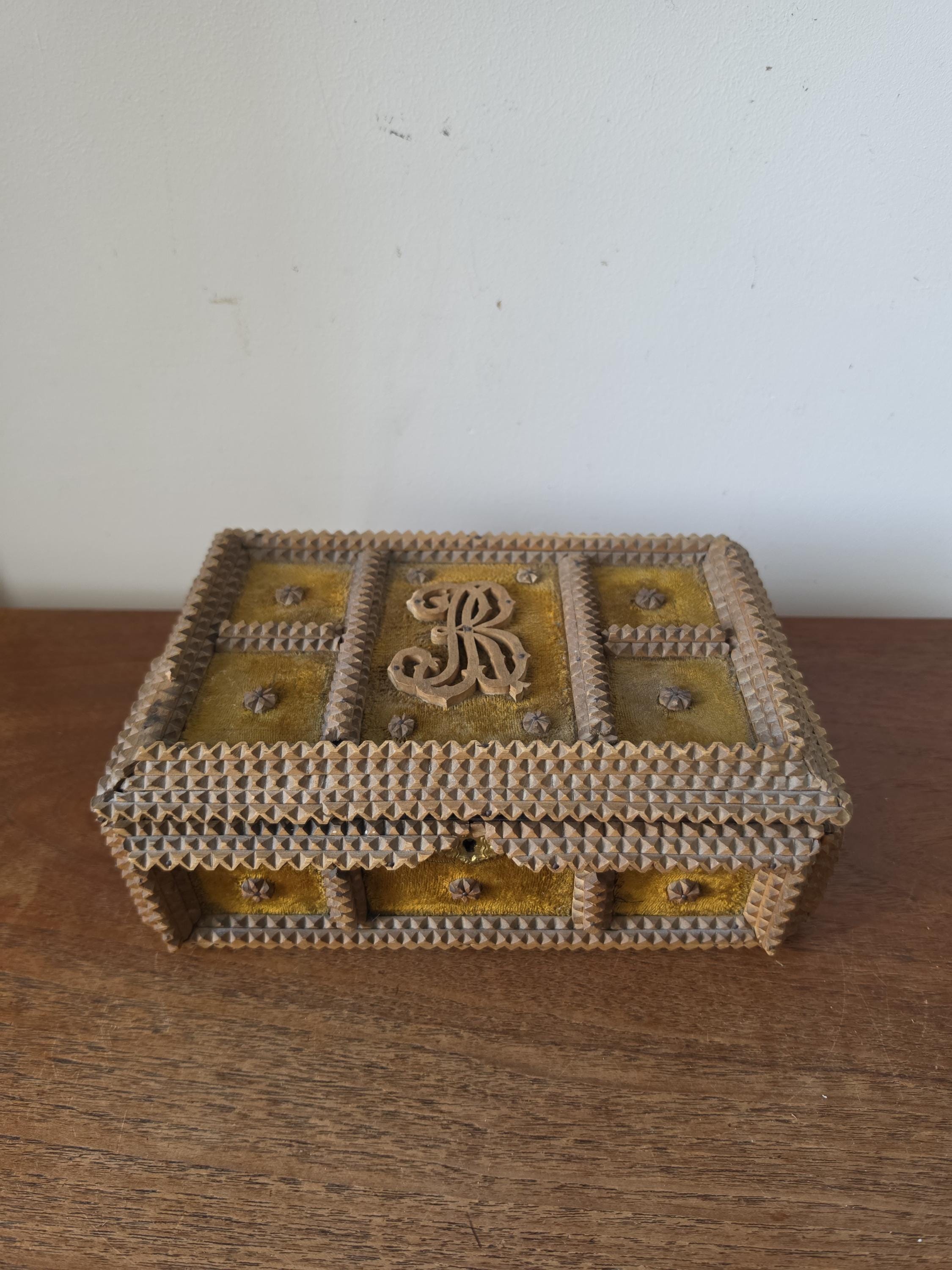 Antique Tramp Art Box Hand Carved Folk Art Keepsake Box Monogram R Velvet Jewelry Box Primitive Wooden Storage Decor