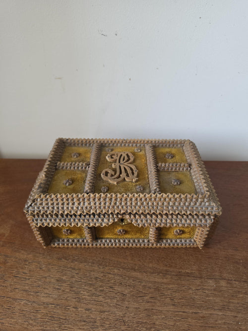 Antique Tramp Art Box Hand Carved Folk Art Keepsake Box Monogram R Velvet Jewelry Box Primitive Wooden Storage Decor