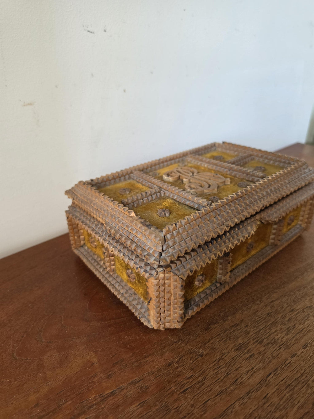 Antique Tramp Art Box Hand Carved Folk Art Keepsake Box Monogram R Velvet Jewelry Box Primitive Wooden Storage Decor