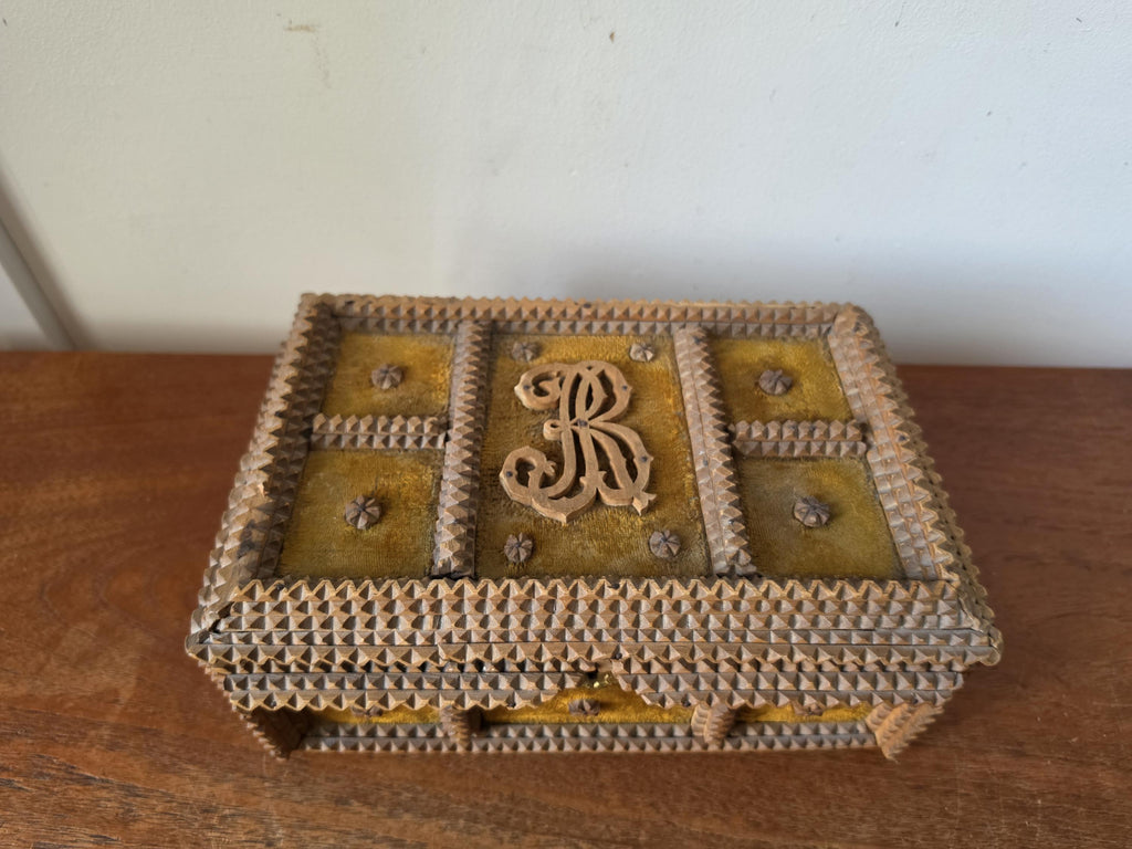Antique Tramp Art Box Hand Carved Folk Art Keepsake Box Monogram R Velvet Jewelry Box Primitive Wooden Storage Decor
