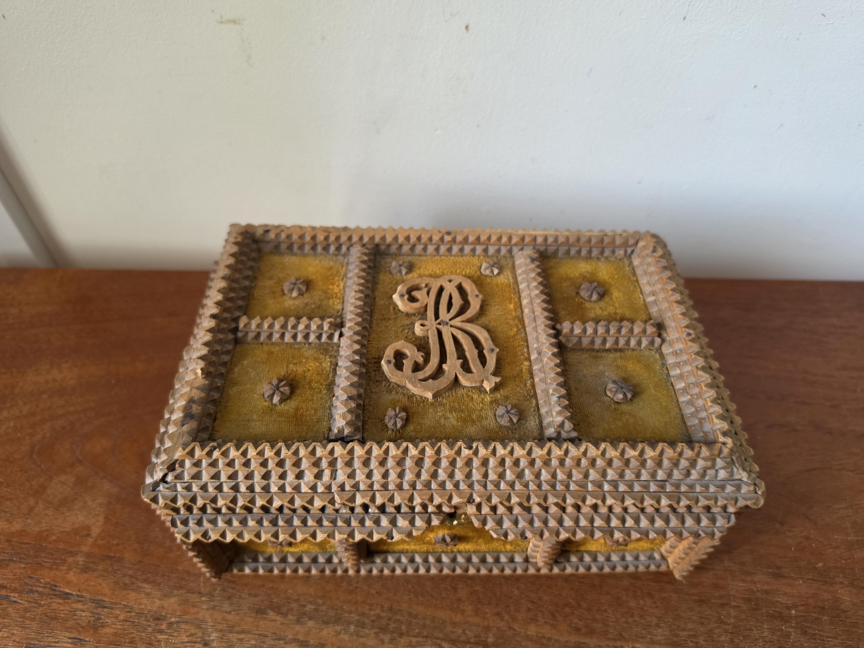 Antique Tramp Art Box Hand Carved Folk Art Keepsake Box Monogram R Velvet Jewelry Box Primitive Wooden Storage Decor
