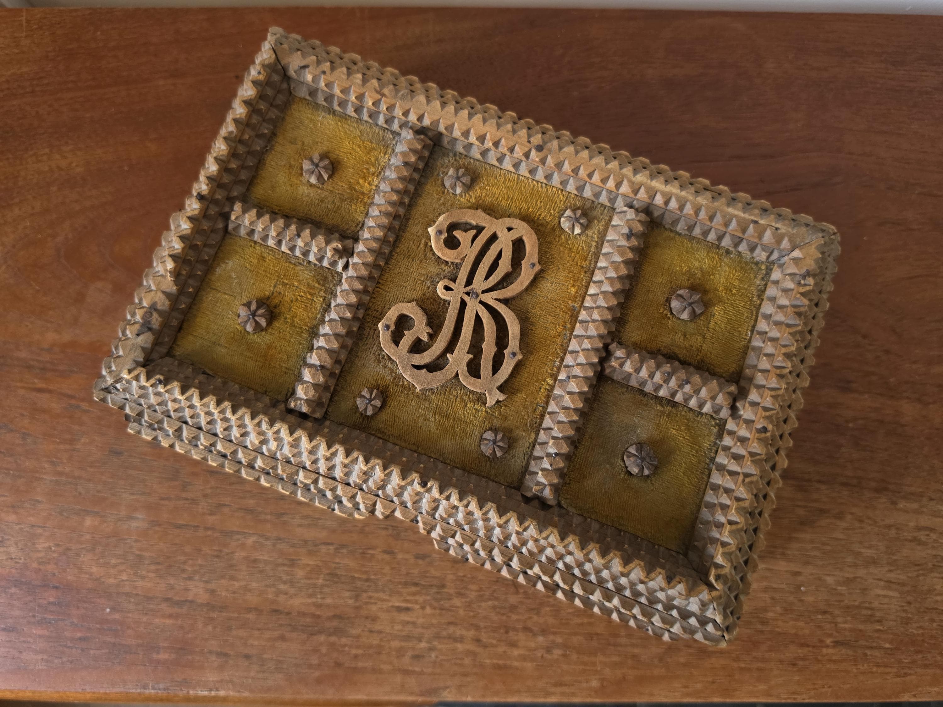 Antique Tramp Art Box Hand Carved Folk Art Keepsake Box Monogram R Velvet Jewelry Box Primitive Wooden Storage Decor