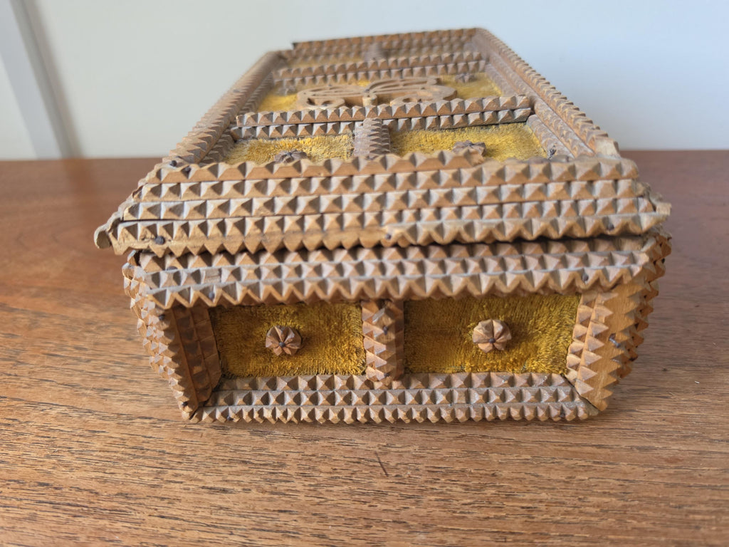 Antique Tramp Art Box Hand Carved Folk Art Keepsake Box Monogram R Velvet Jewelry Box Primitive Wooden Storage Decor