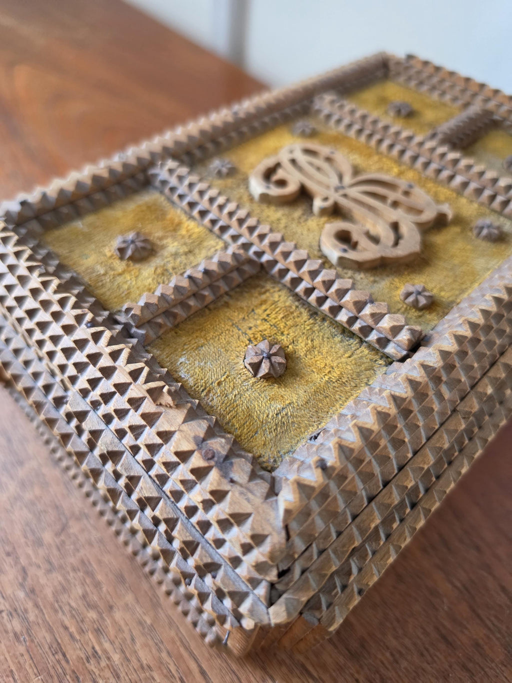 Antique Tramp Art Box Hand Carved Folk Art Keepsake Box Monogram R Velvet Jewelry Box Primitive Wooden Storage Decor