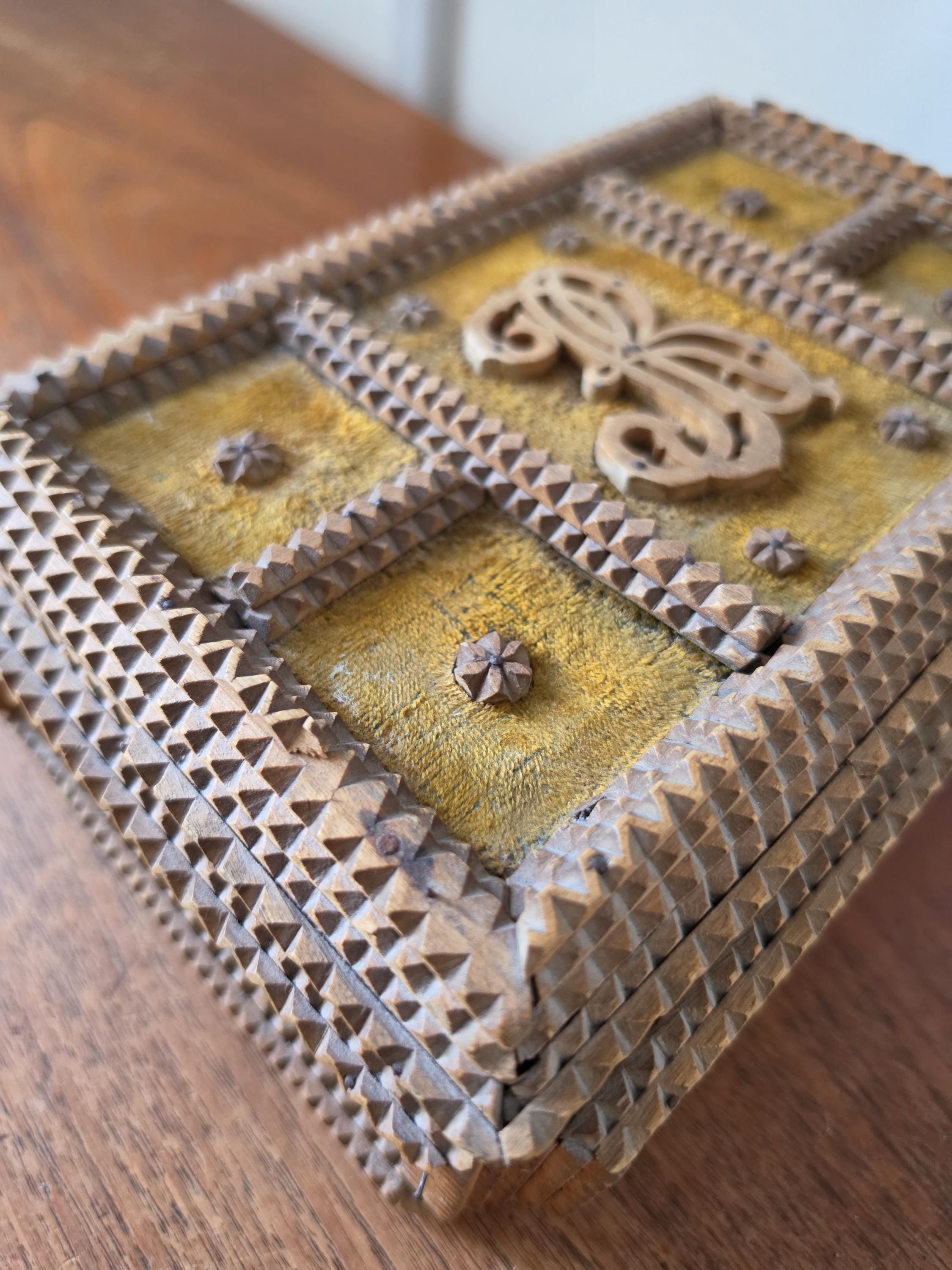 Antique Tramp Art Box Hand Carved Folk Art Keepsake Box Monogram R Velvet Jewelry Box Primitive Wooden Storage Decor