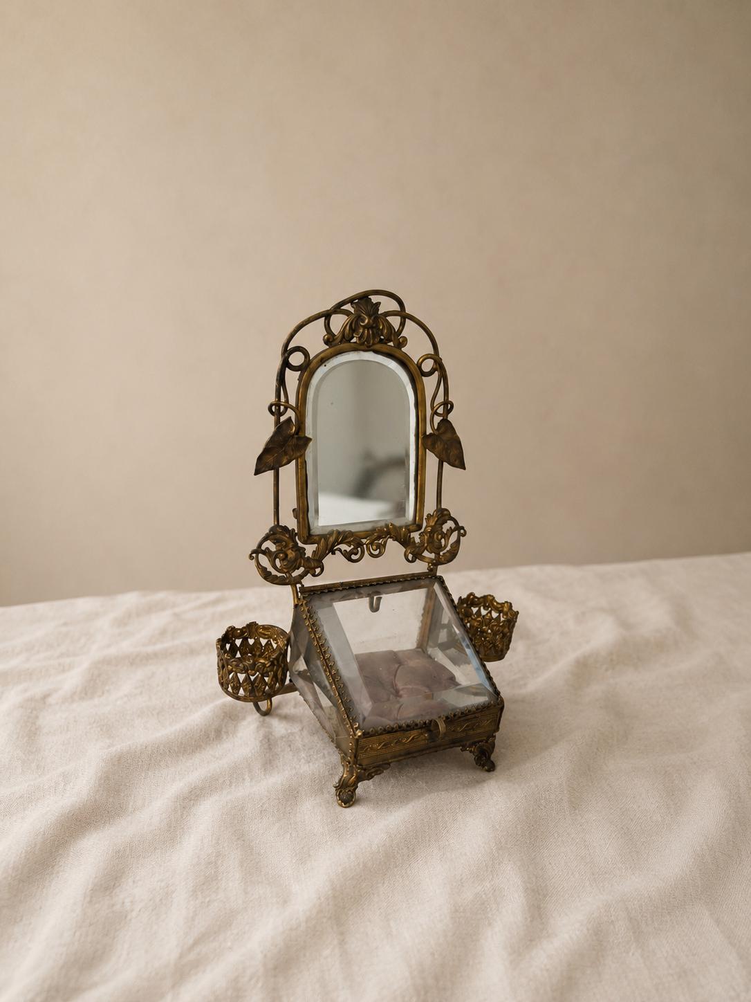 Vintage Ormolu Jewelry Casket with Mirror Brass Filigree Glass Trinket Box French Style Vanity Display Jewelry Box