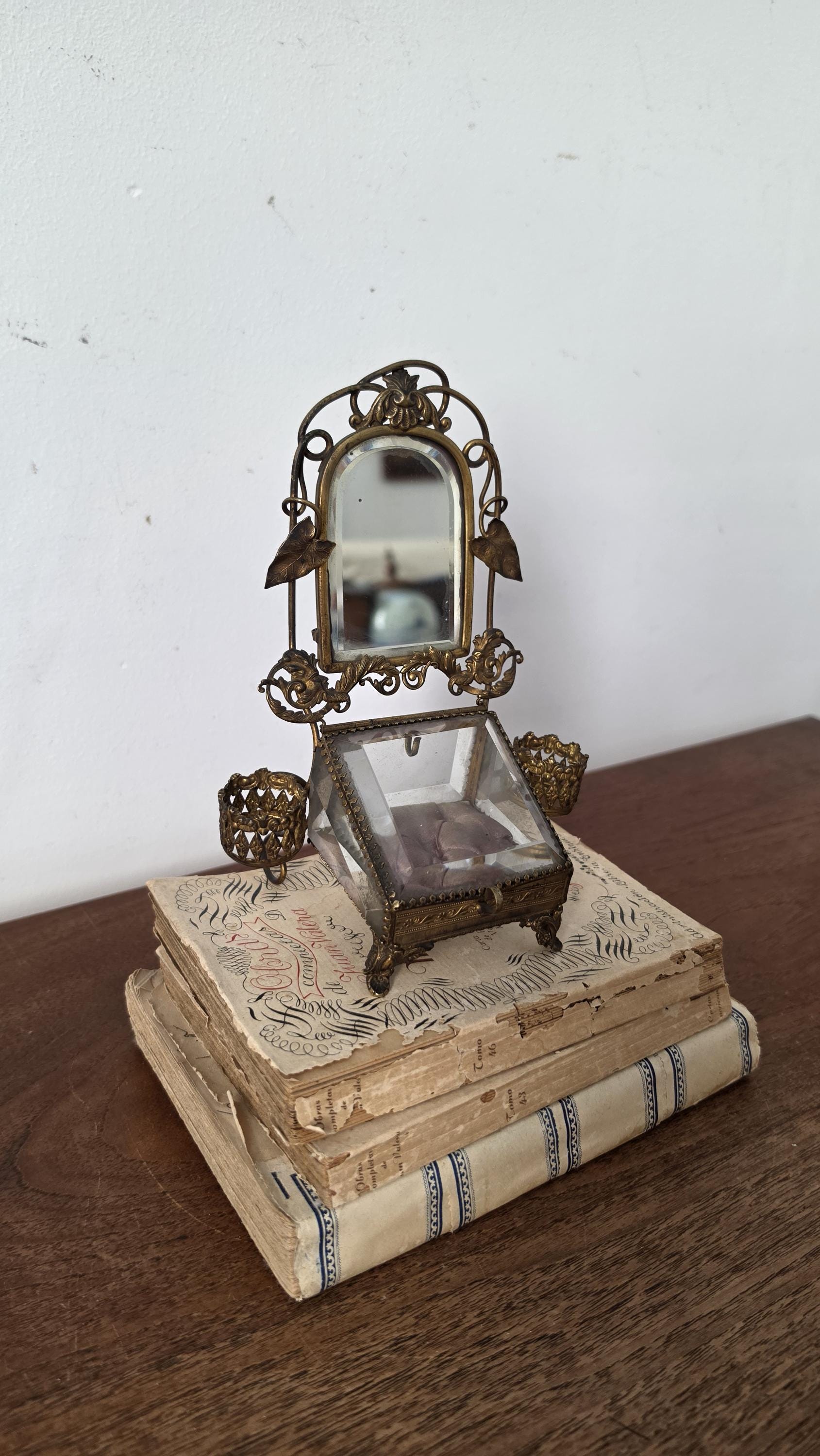 Vintage Ormolu Jewelry Casket with Mirror Brass Filigree Glass Trinket Box French Style Vanity Display Jewelry Box