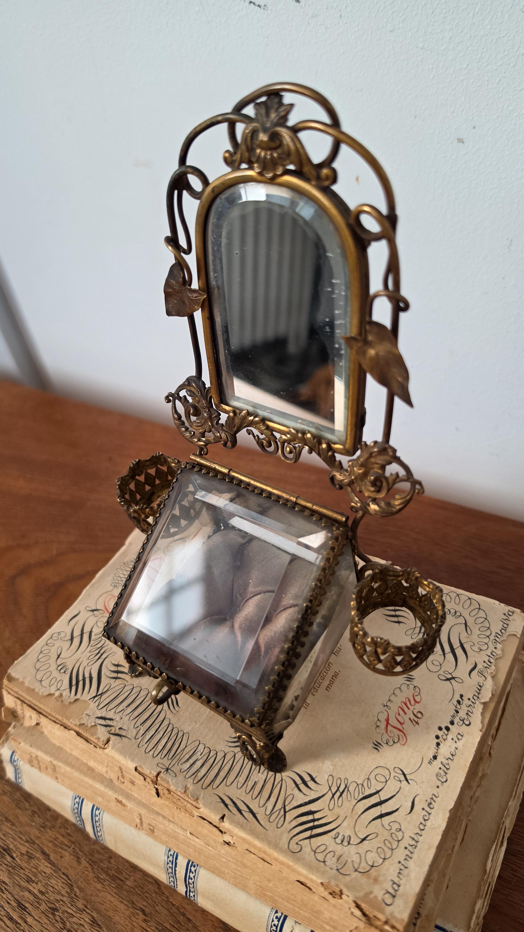 Vintage Ormolu Jewelry Casket with Mirror Brass Filigree Glass Trinket Box French Style Vanity Display Jewelry Box