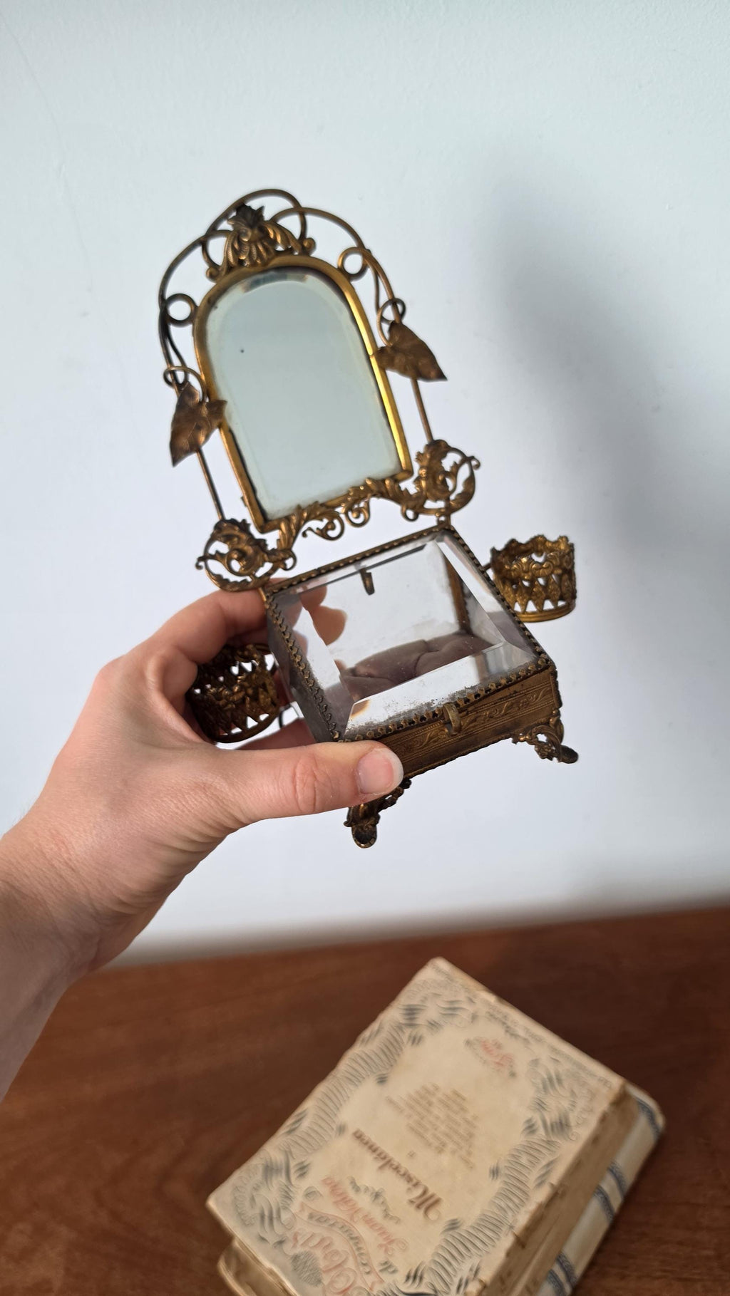 Vintage Ormolu Jewelry Casket with Mirror Brass Filigree Glass Trinket Box French Style Vanity Display Jewelry Box