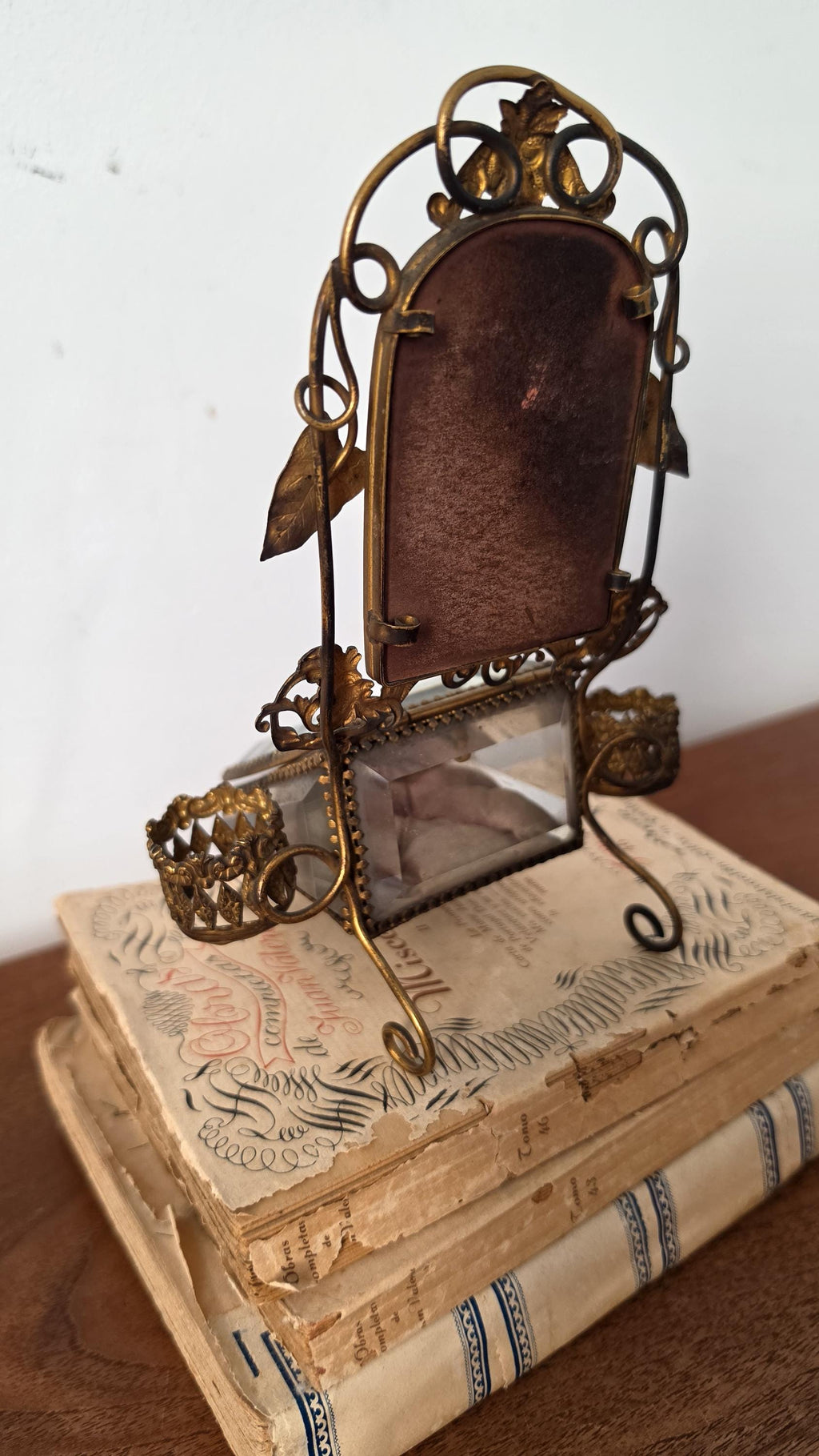 Vintage Ormolu Jewelry Casket with Mirror Brass Filigree Glass Trinket Box French Style Vanity Display Jewelry Box
