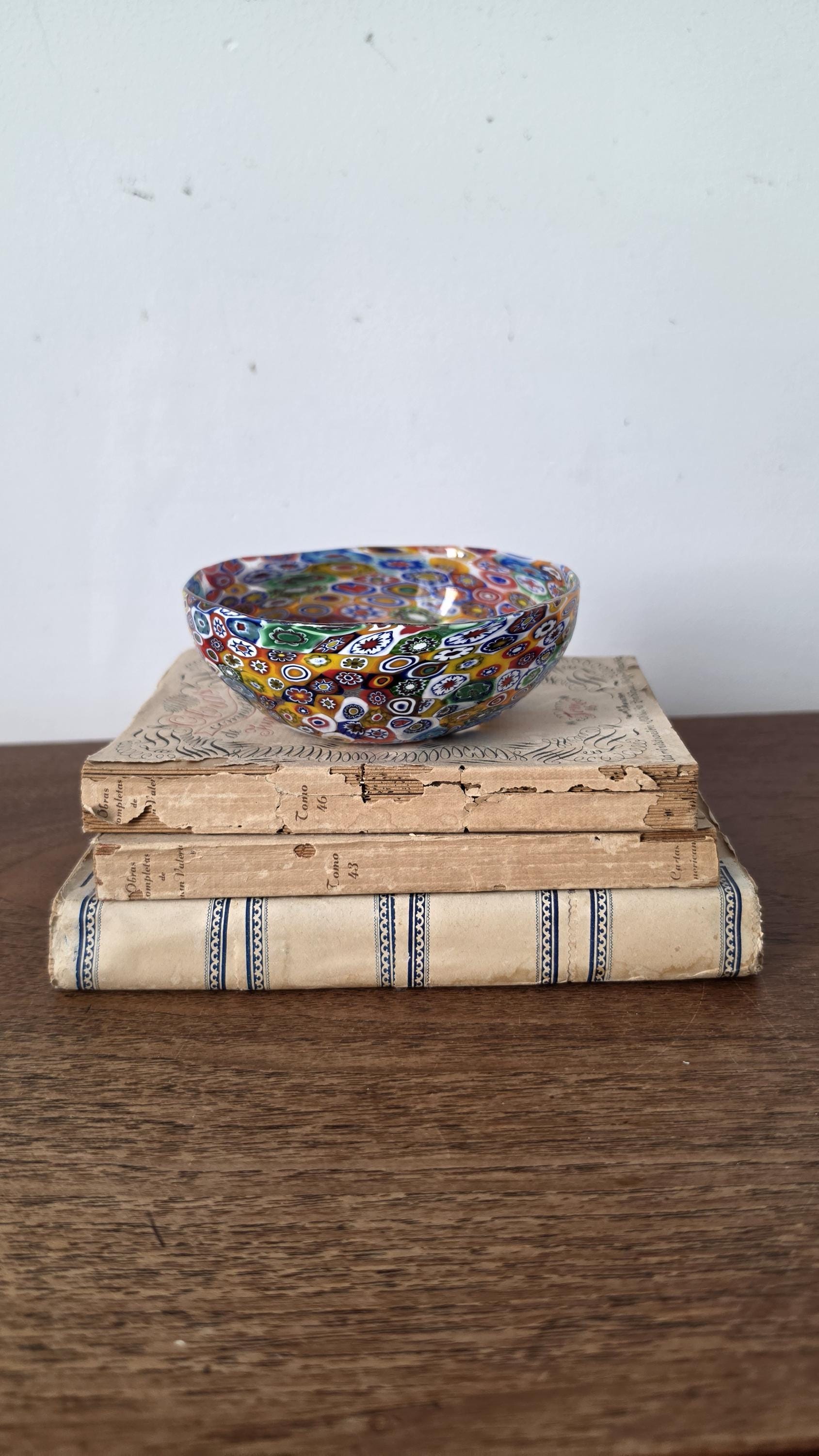 Vintage Murano Millefiori Art Glass Bowl Italian Hand Blown Multicolor Mosaic Candy Dish Trinket Bowl Murrine Decor