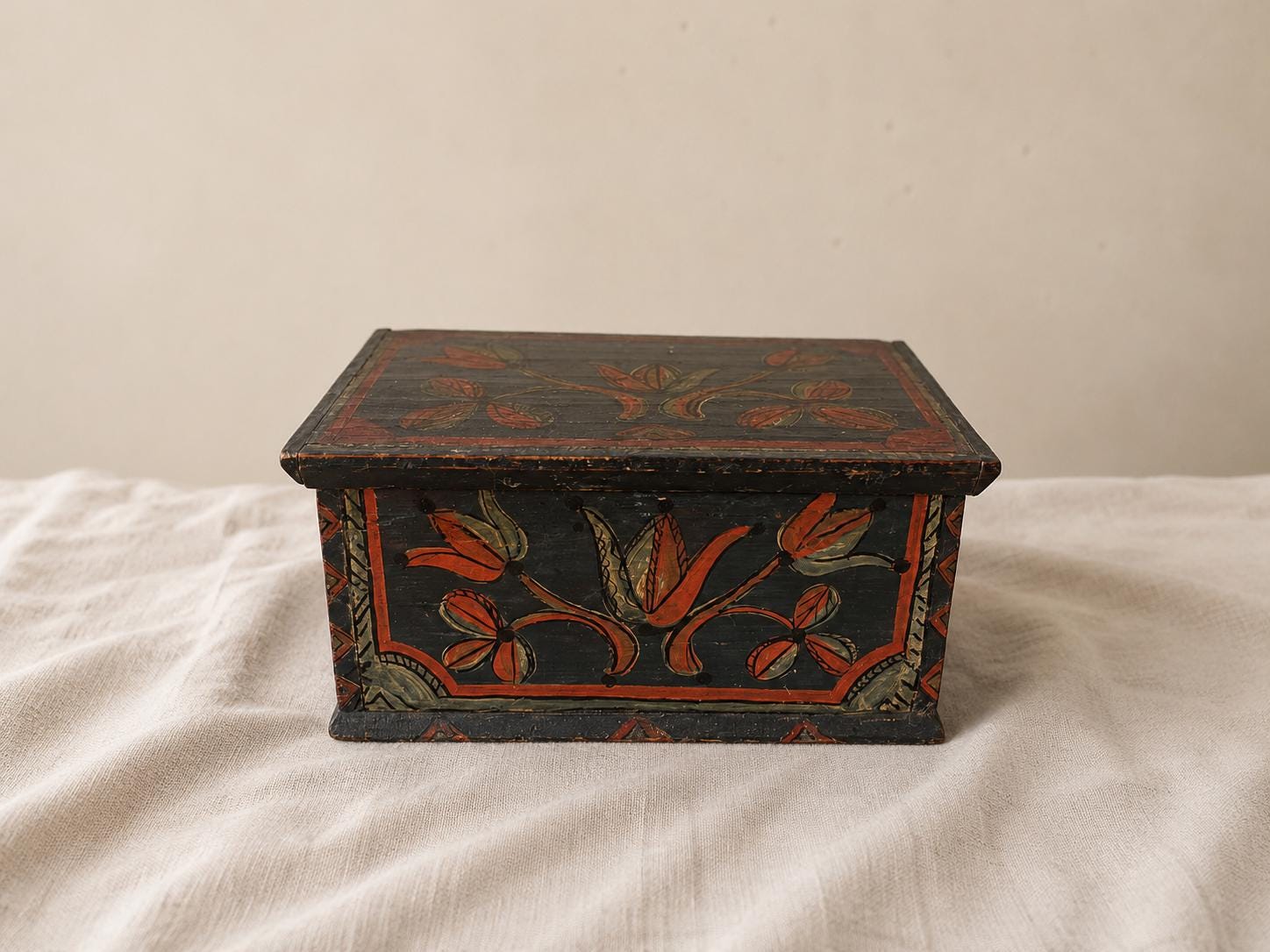 18th Century Folk Art Painted Wooden Box Antique Hand Painted Keepsake Chest Primitive Scandinavian Storage Box