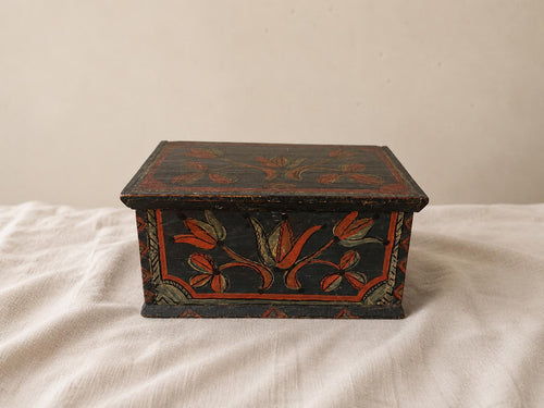 18th Century Folk Art Painted Wooden Box Antique Hand Painted Keepsake Chest Primitive Scandinavian Storage Box