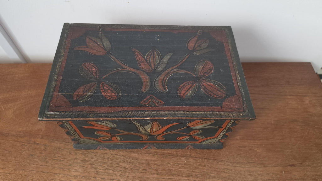 18th Century Folk Art Painted Wooden Box Antique Hand Painted Keepsake Chest Primitive Scandinavian Storage Box