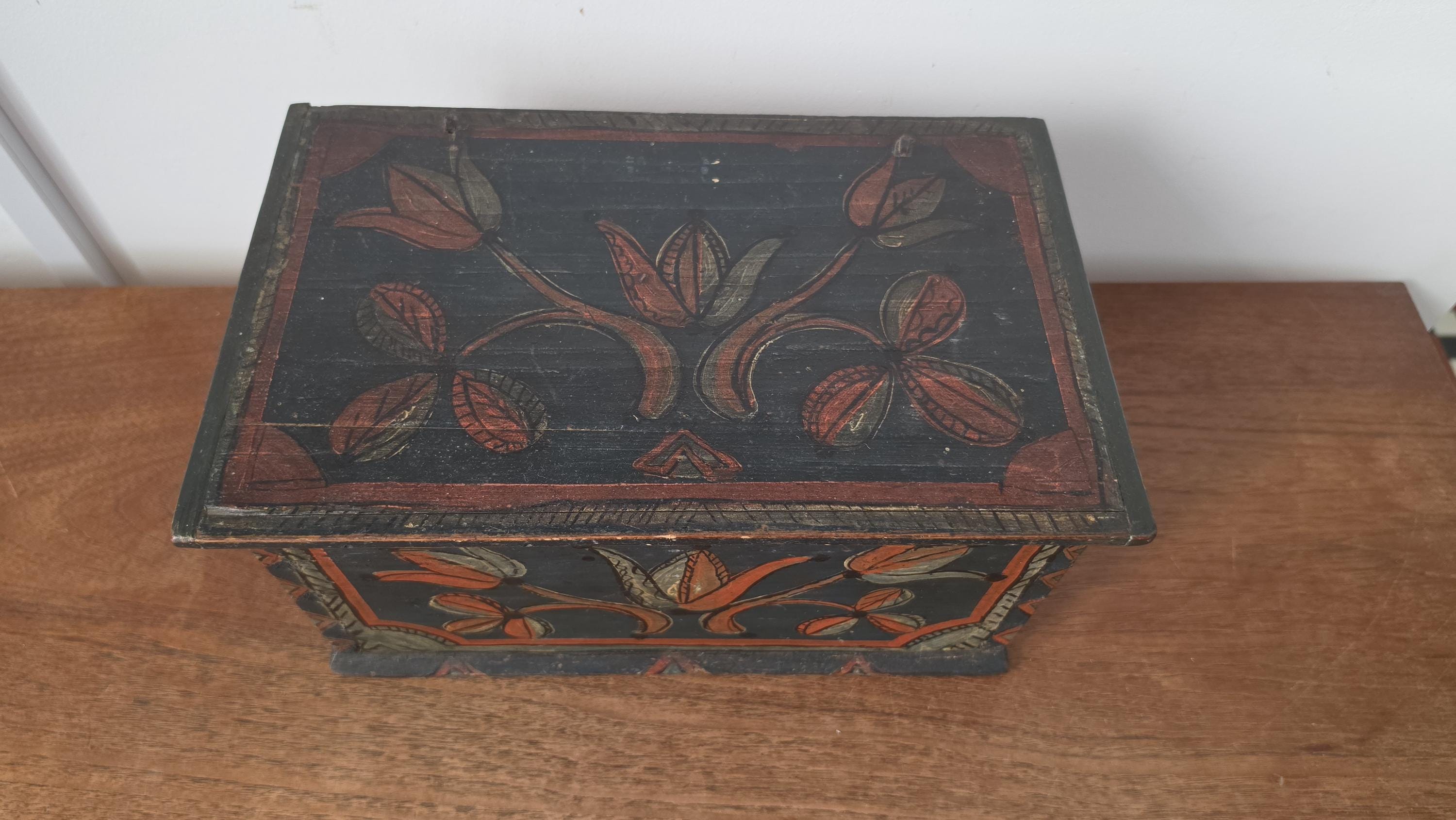 18th Century Folk Art Painted Wooden Box Antique Hand Painted Keepsake Chest Primitive Scandinavian Storage Box