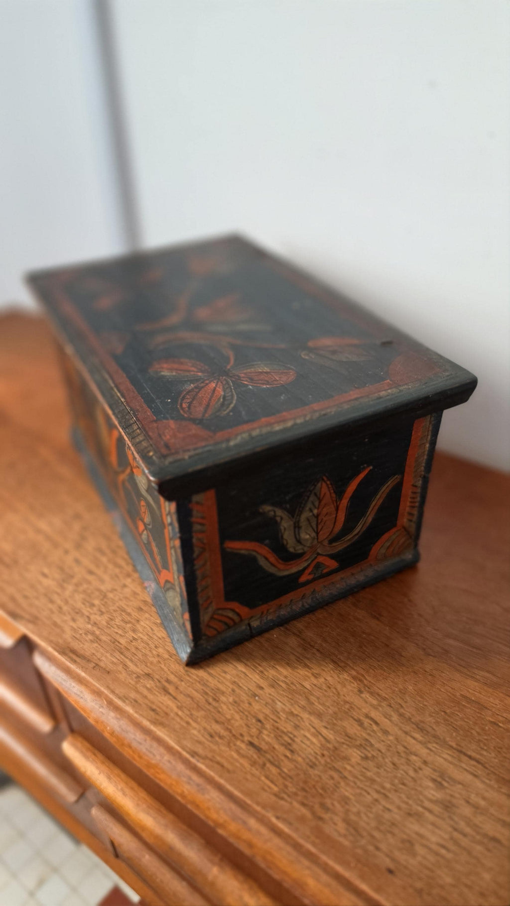 18th Century Folk Art Painted Wooden Box Antique Hand Painted Keepsake Chest Primitive Scandinavian Storage Box