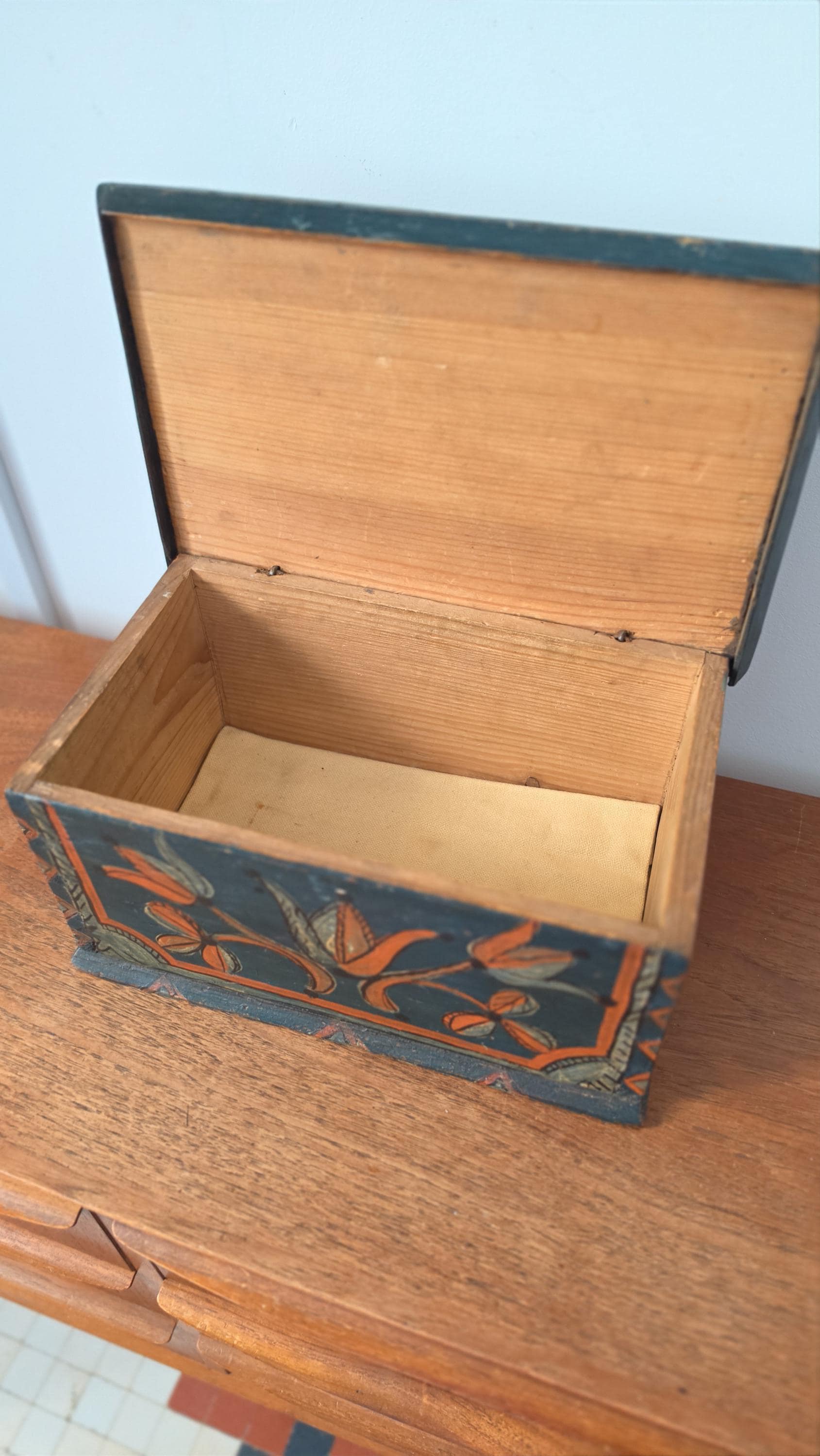 18th Century Folk Art Painted Wooden Box Antique Hand Painted Keepsake Chest Primitive Scandinavian Storage Box