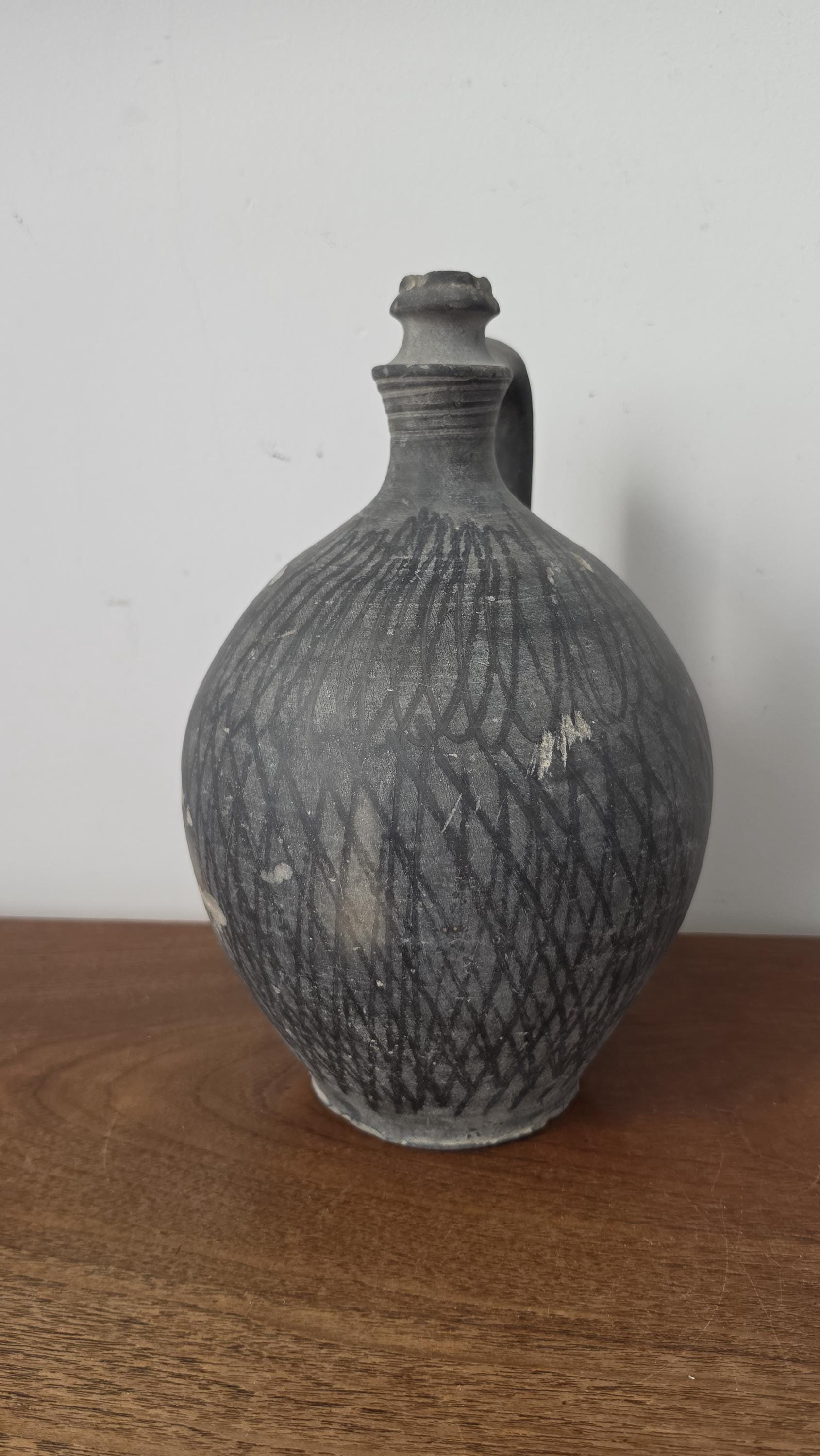 1930s Hungarian Black Pottery Jug Vase Hand Thrown Earthenware Vessel Rustic Folk Art Ceramic Pitcher Primitive Decor