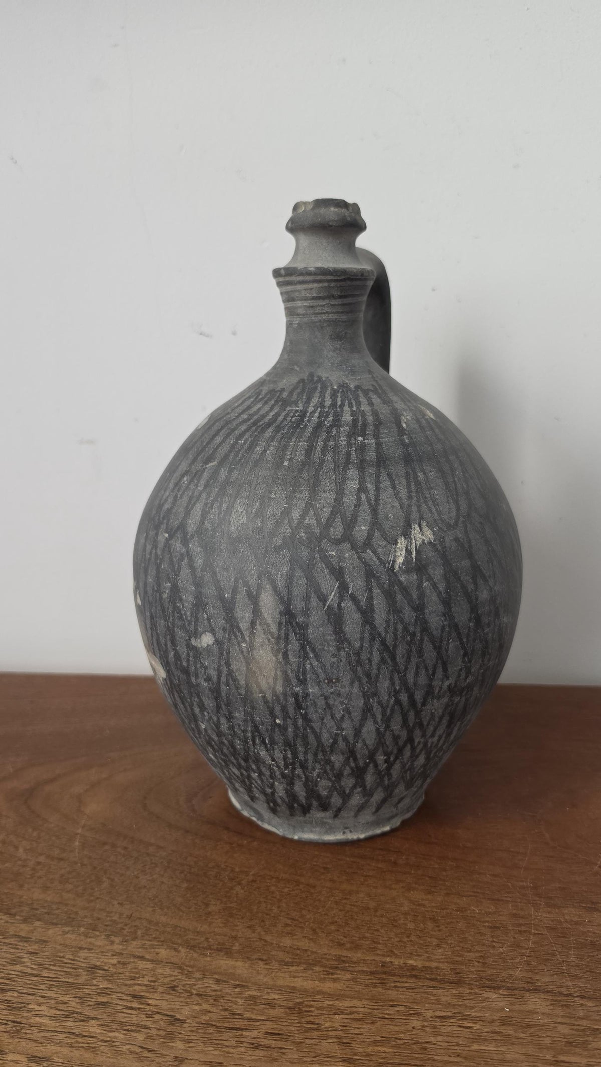 1930s Hungarian Black Pottery Jug Vase Hand Thrown Earthenware Vessel Rustic Folk Art Ceramic Pitcher Primitive Decor