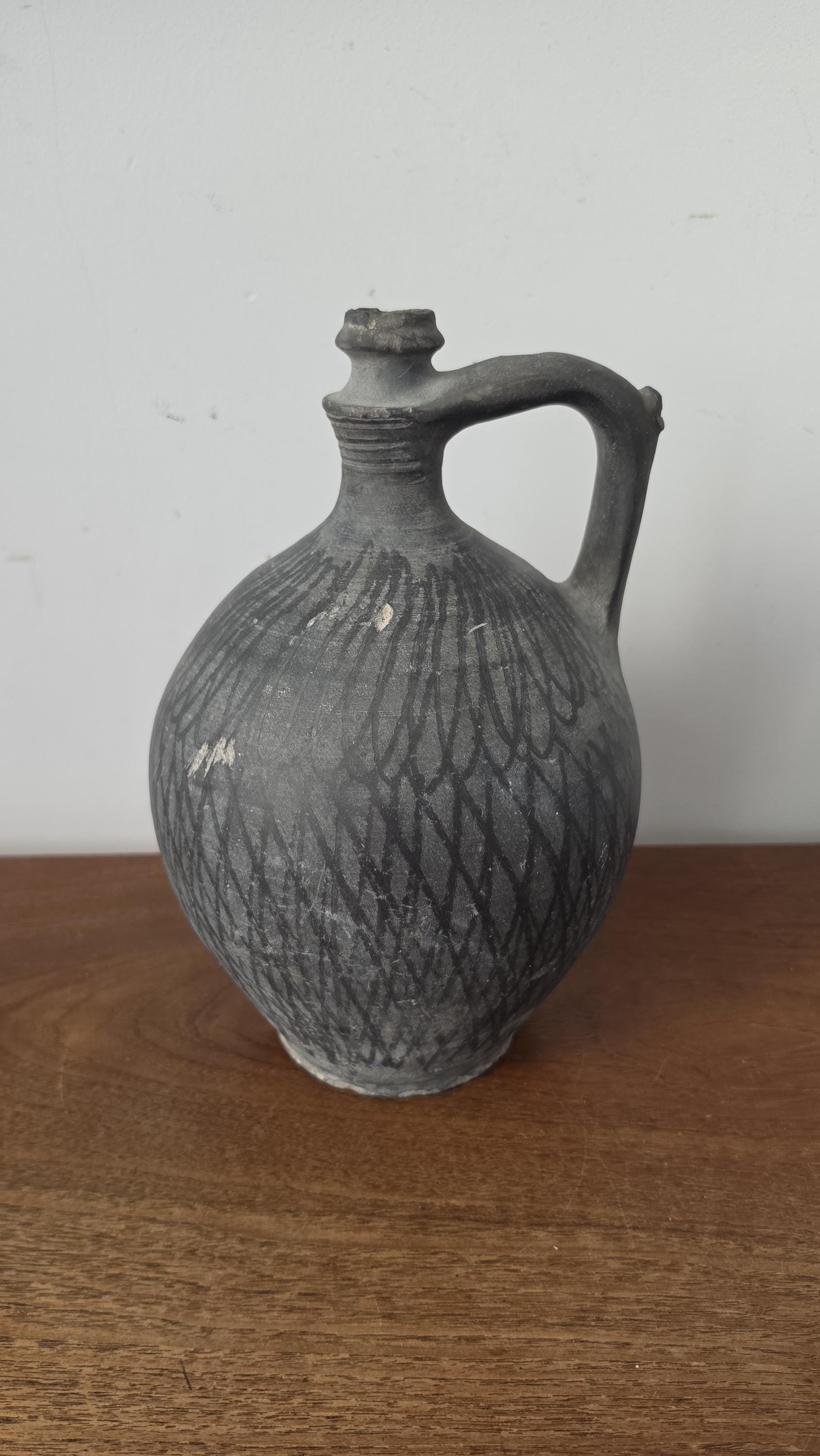 1930s Hungarian Black Pottery Jug Vase Hand Thrown Earthenware Vessel Rustic Folk Art Ceramic Pitcher Primitive Decor