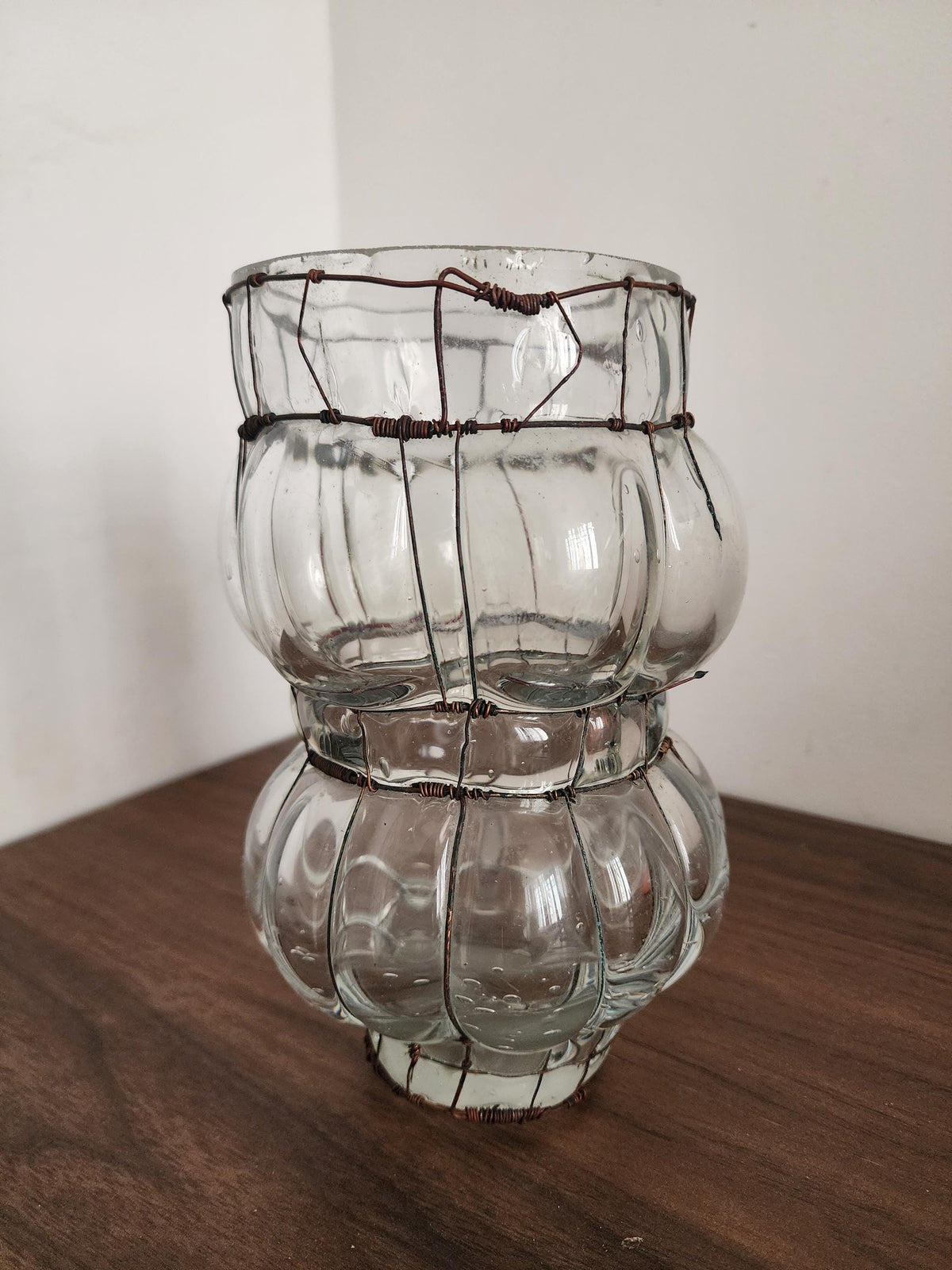 Hand Blown Glass Wire Sculpture, Vintage Clear Glass Vase, Ribbed Bubble Form, Rustic Wrapped Art Object, Decorative Accent Piece