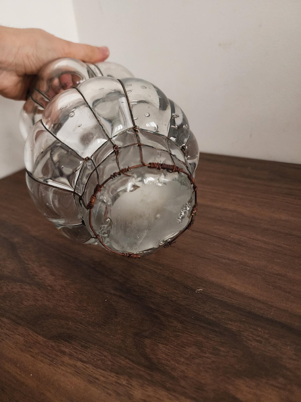 Hand Blown Glass Wire Sculpture, Vintage Clear Glass Vase, Ribbed Bubble Form, Rustic Wrapped Art Object, Decorative Accent Piece