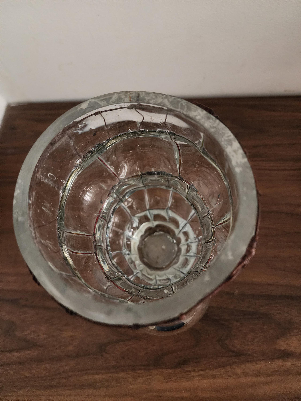 Hand Blown Glass Wire Sculpture, Vintage Clear Glass Vase, Ribbed Bubble Form, Rustic Wrapped Art Object, Decorative Accent Piece