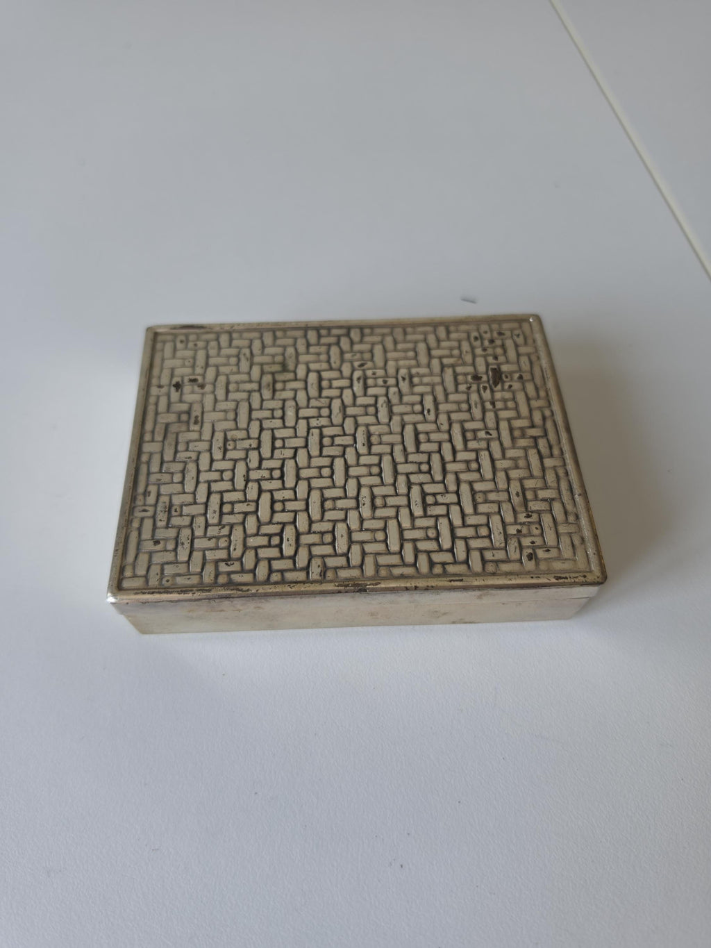 Vintage Wooden Inlay Cigarette Case, Mid Century Trinket Box, Silver Tone Vanity Box, Gentleman’s Desk Decor