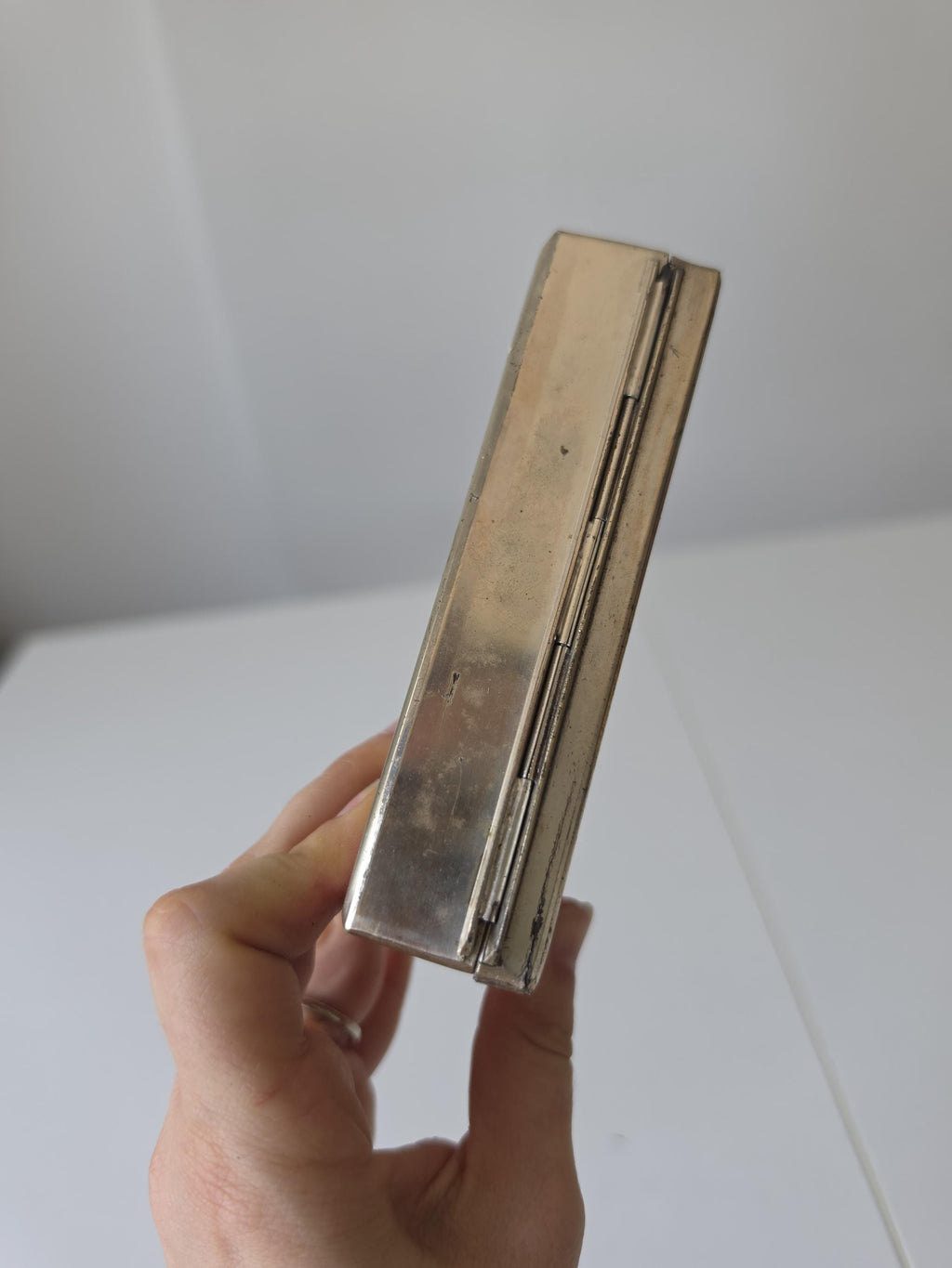 Vintage Wooden Inlay Cigarette Case, Mid Century Trinket Box, Silver Tone Vanity Box, Gentleman’s Desk Decor