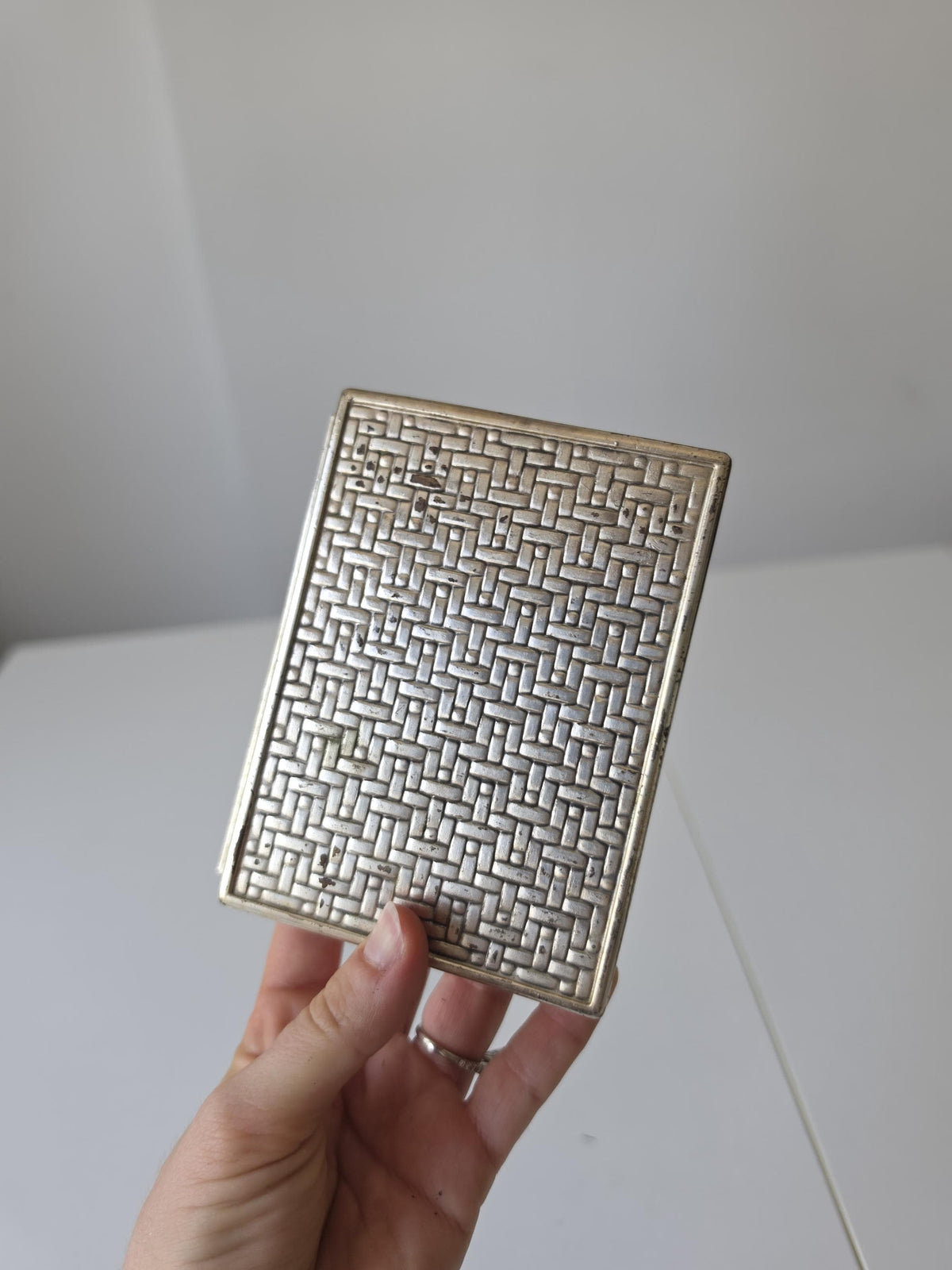Vintage Wooden Inlay Cigarette Case, Mid Century Trinket Box, Silver Tone Vanity Box, Gentleman’s Desk Decor