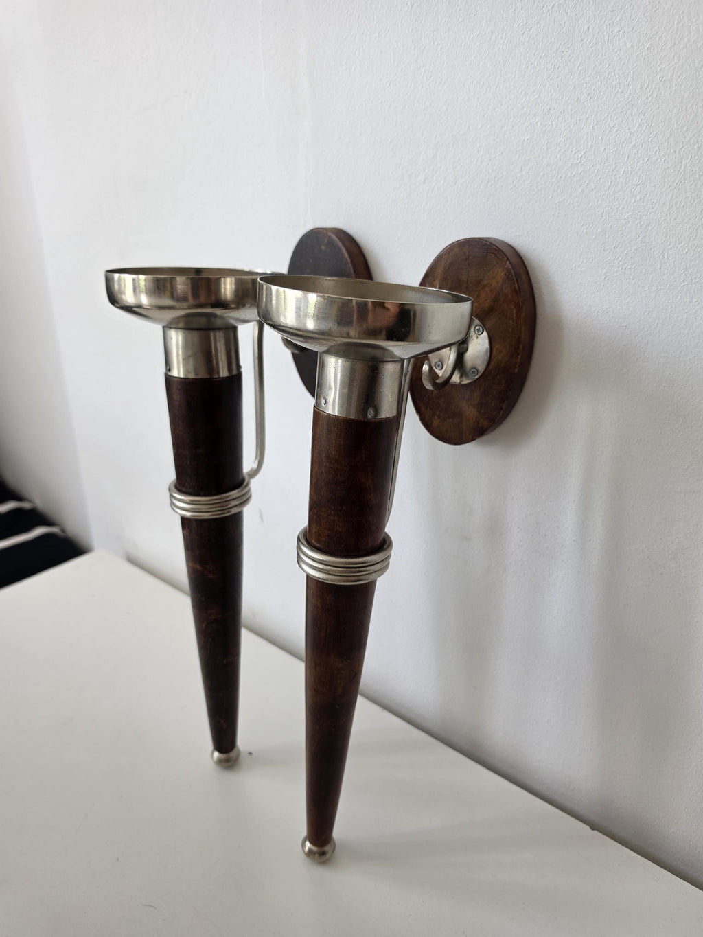Pair of Vintage Wall Candle Sconces Wood & Metal Candle Holders Mid Century Scandinavian Modern Wall Decor Set of Two
