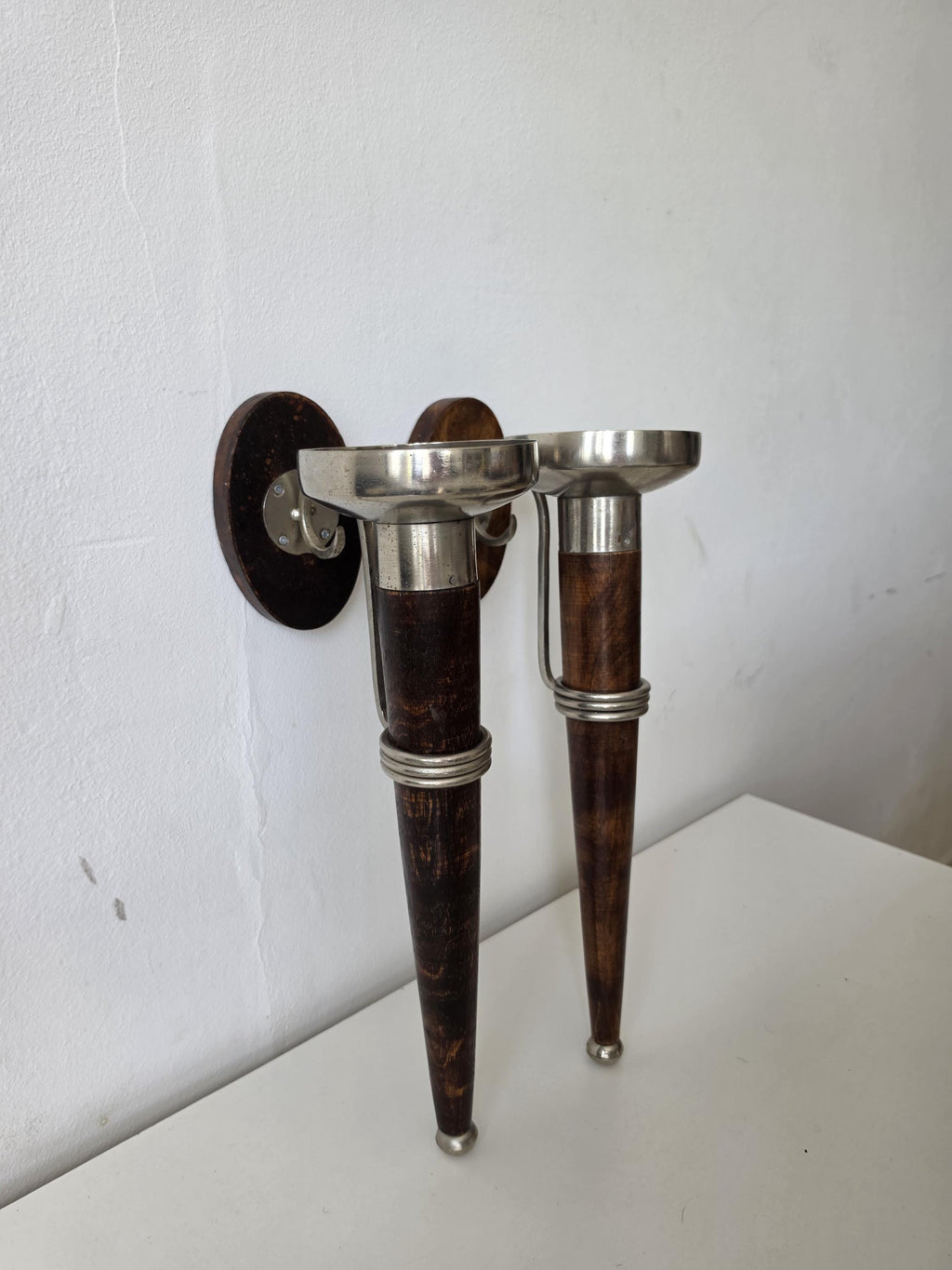 Pair of Vintage Wall Candle Sconces Wood & Metal Candle Holders Mid Century Scandinavian Modern Wall Decor Set of Two