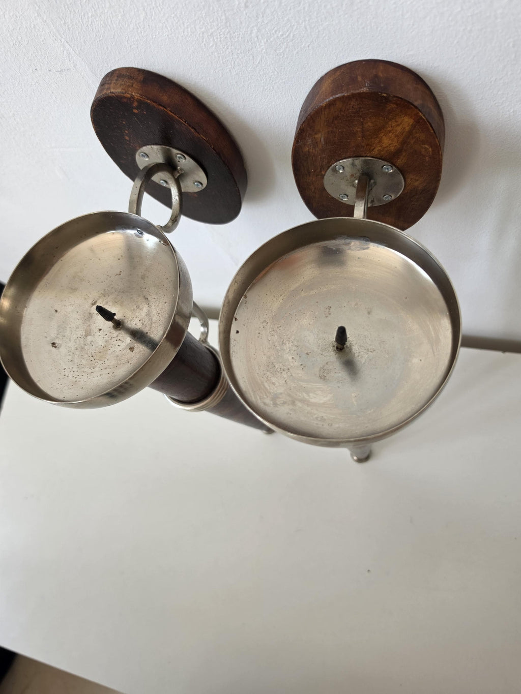 Pair of Vintage Wall Candle Sconces Wood & Metal Candle Holders Mid Century Scandinavian Modern Wall Decor Set of Two