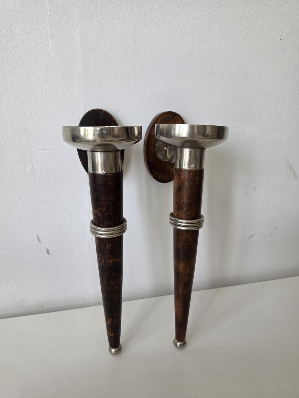Pair of Vintage Wall Candle Sconces Wood & Metal Candle Holders Mid Century Scandinavian Modern Wall Decor Set of Two