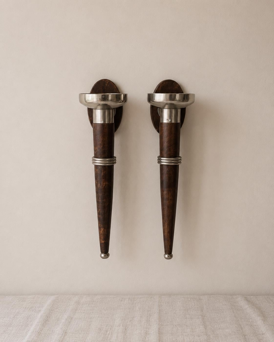 Pair of Vintage Wall Candle Sconces Wood & Metal Candle Holders Mid Century Scandinavian Modern Wall Sculpture Set of Two