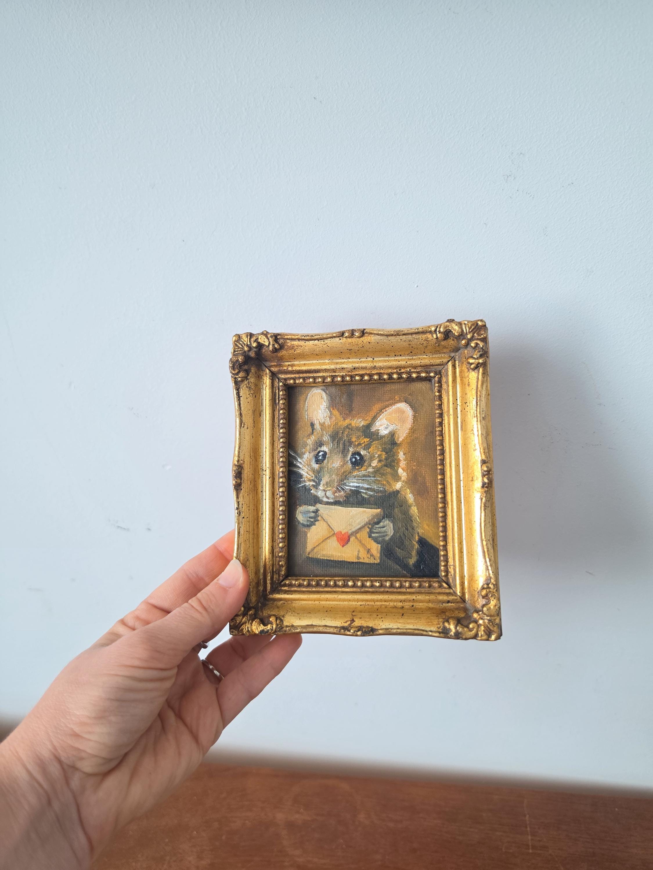 Original Miniature Mouse Oil Painting Framed Animal Portrait Tiny Artwork Whimsical Wall Art Cottagecore Collectible Decor Gift