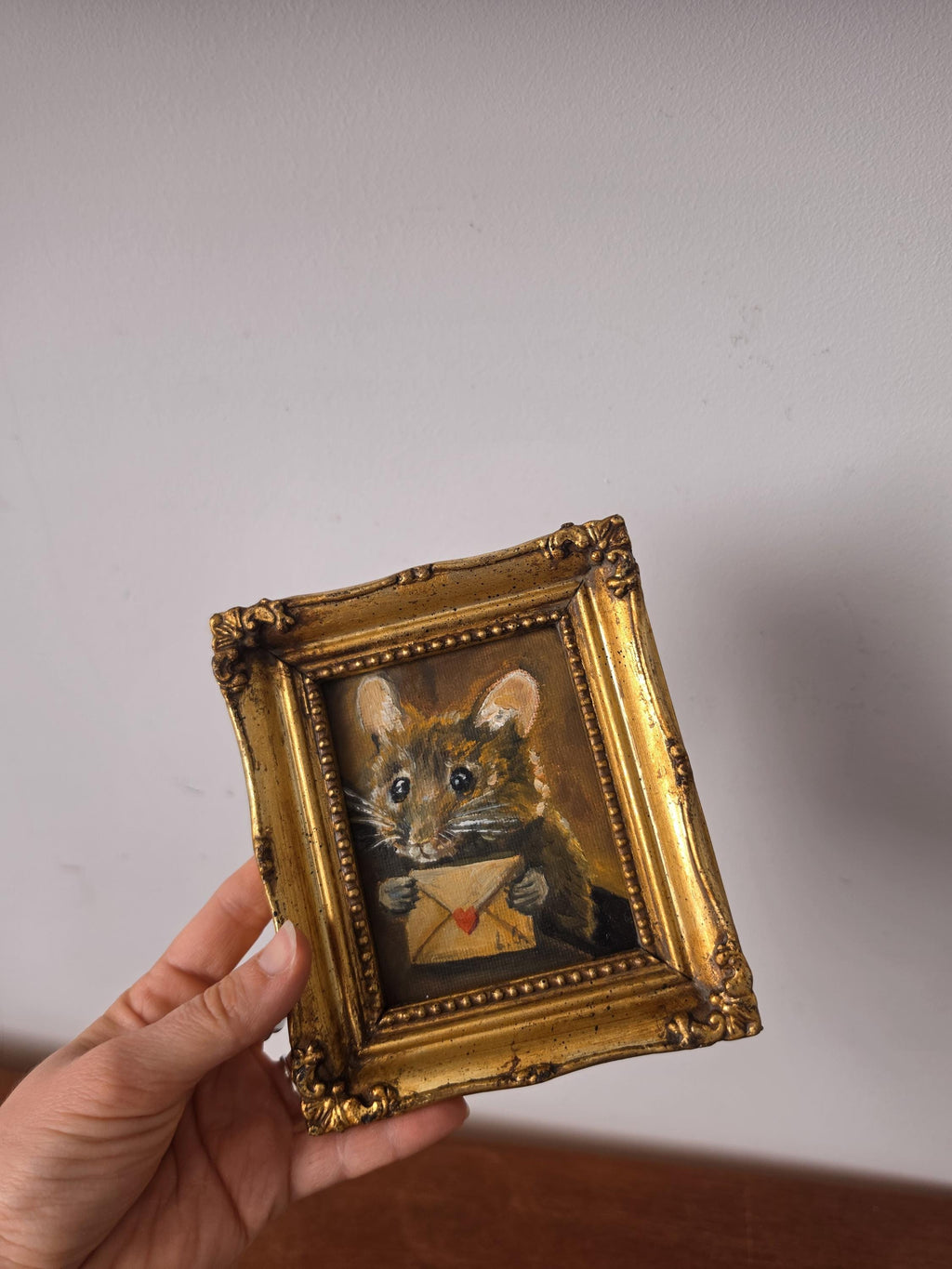 Original Miniature Mouse Oil Painting Framed Animal Portrait Tiny Artwork Whimsical Wall Art Cottagecore Collectible Decor Gift